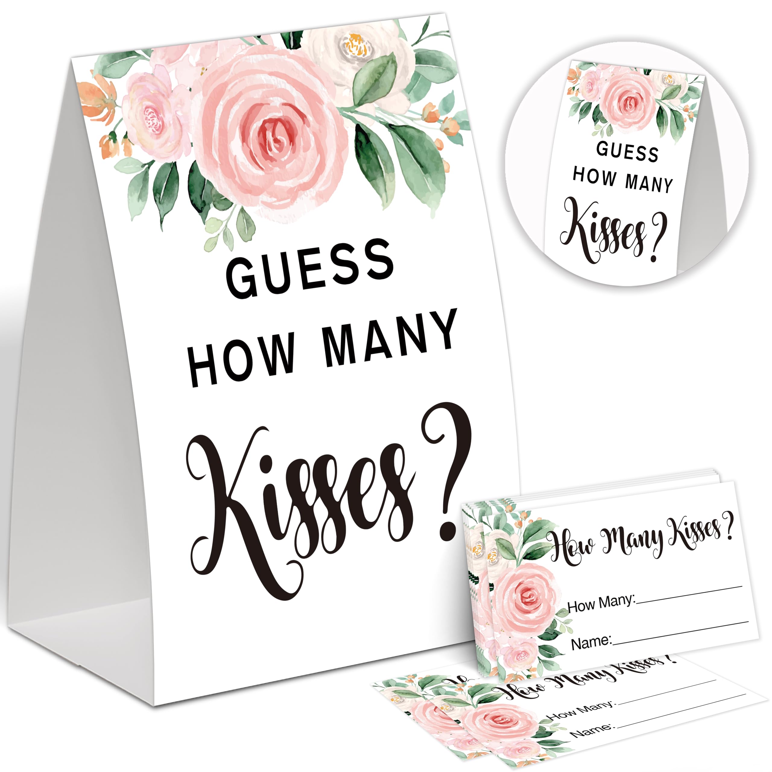 DESIGN VARY BY FLOWERS Boho Floral How Many Kisses Bridal Shower Game,Wedding Shower Games,Engagement Party Games,Bachelorette Party Games,Bridal Shower Decorations(1 Sign & 50 Guess Cards),9