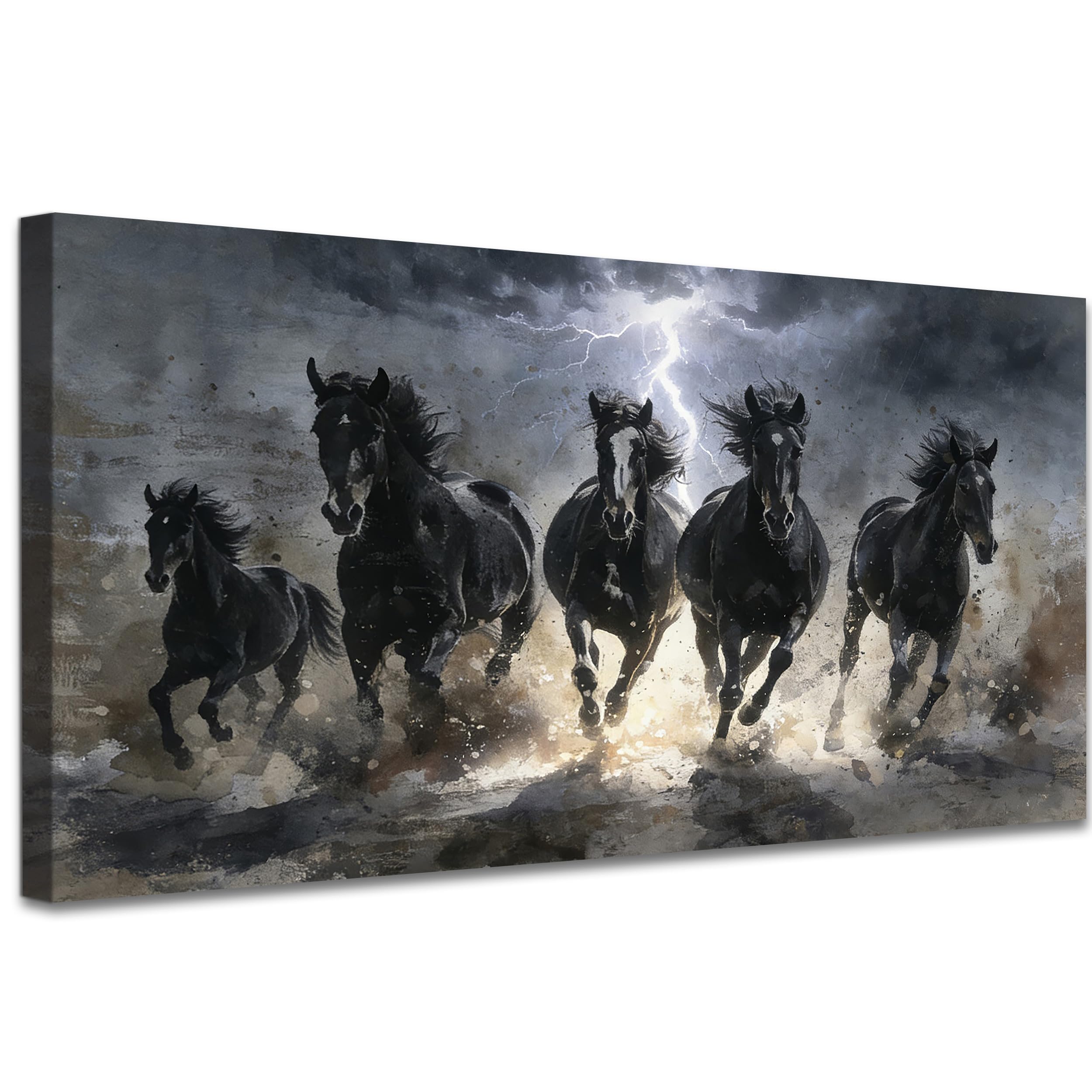 KVTM 7 Seven Lucky Running Wild Horses Wall Art Canvas Decor, 7 Running Horses Painting Vastu Prints, Large Horse Pictures and Artwork for Office or Living Room, 16x32 inches