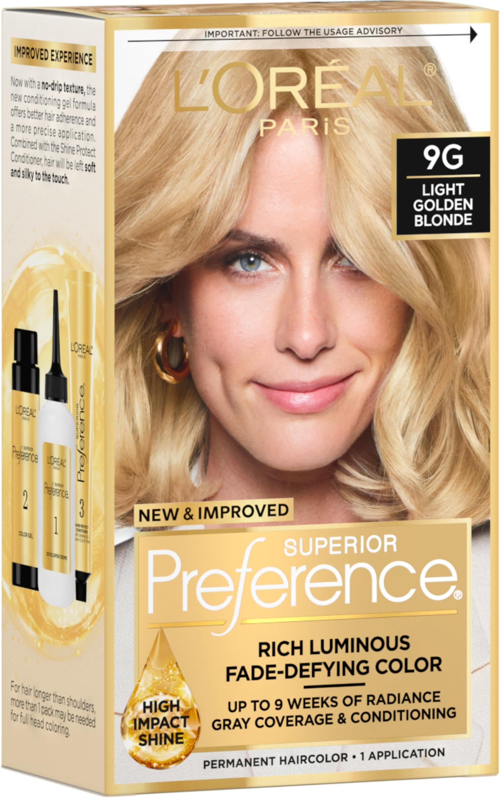 Superior Preference Luminous Fade-Defying Permanent Hair Color, Hair Dye For Up to 9 Weeks of Radiance, Light Golden Blonde 9G, 1 Hair Dye Kit
