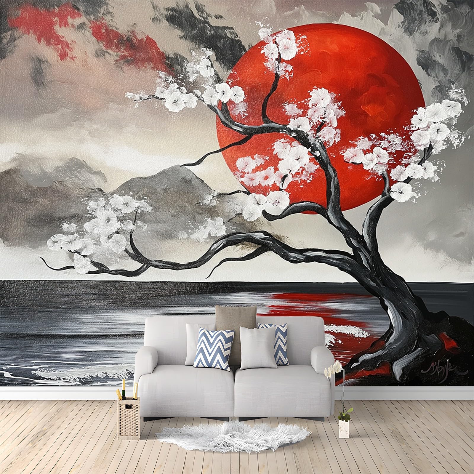 Tapeta 300 x 210 cm, tapeta z włókniny, japońskie drzewo wiśni, dekoracja, wodoszczelna, folia ochronna na ścianę, do sypialni, salonu, folia meblowa, tapeta ścienna, kolorowa, wraz z poradnikiem
