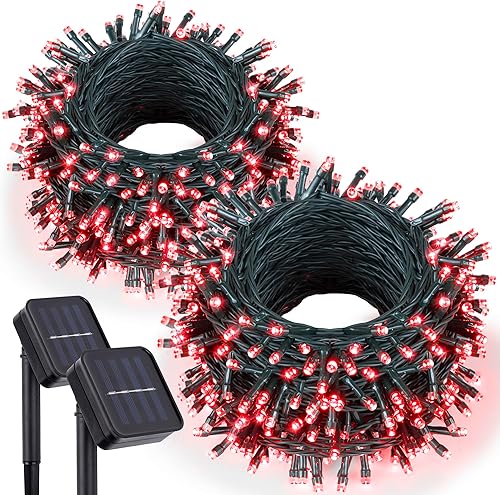 kemooie Paquete de 2 240 luces LED solares rojas de 78.7 pies, 8 modos de parpadeo, impermeables, para exteriores, funciona con energía solar, para