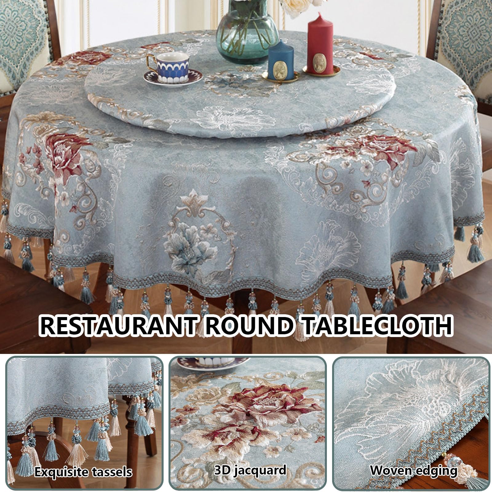 Tovaglia rotonda retrò europea da 120 cm, con nappe e bordo intrecciato, per matrimoni, banchetti, riunioni e uso domestico (160 cm)