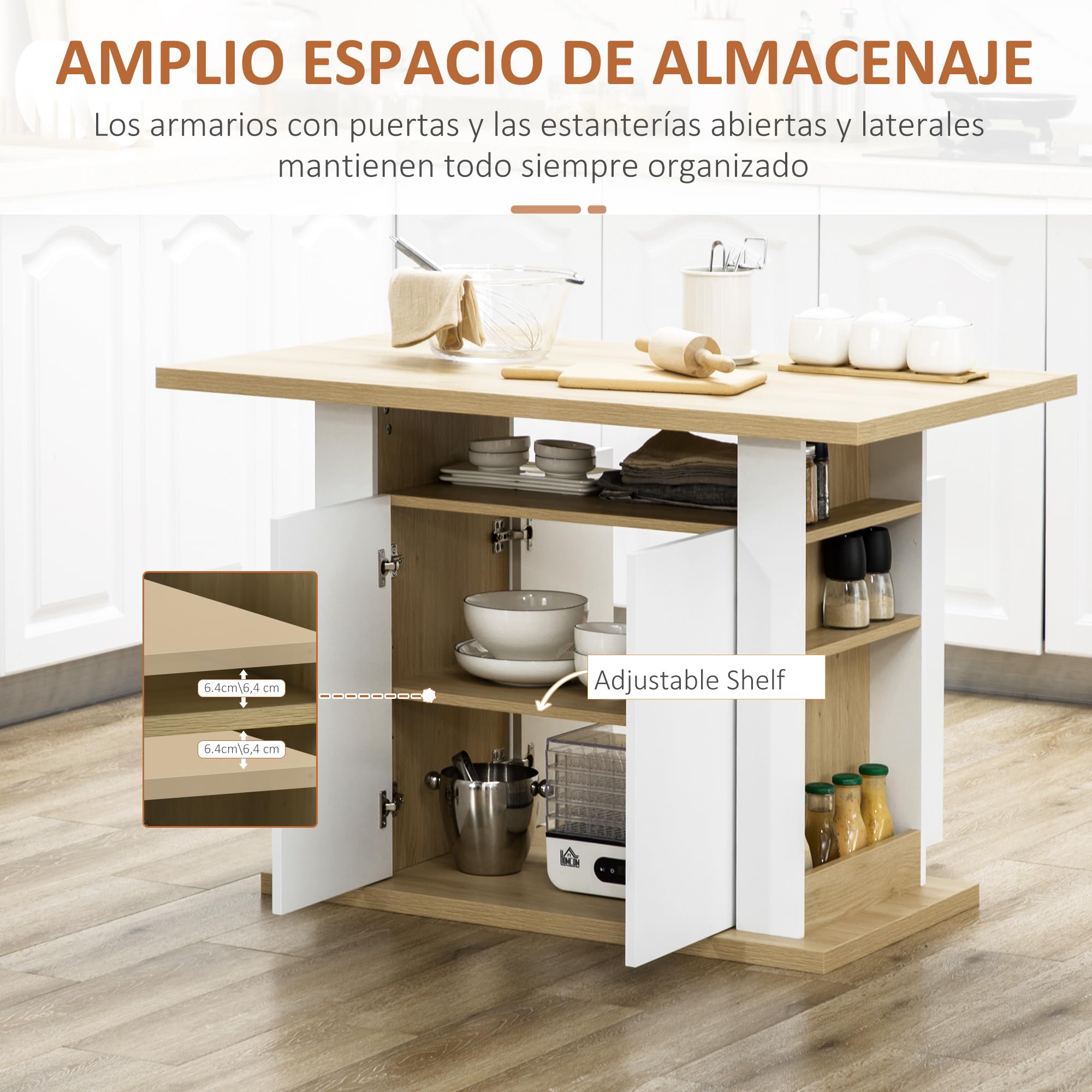 HOMCOM Isla de Cocina, para 4 Personas, Mueble de Cocina Multifuncional, Mesa de Comedor con 4 Puertas, Compartimentos Abiertos, Estante Ajustable, 110x70x75,5 cm, Roble y Blanco