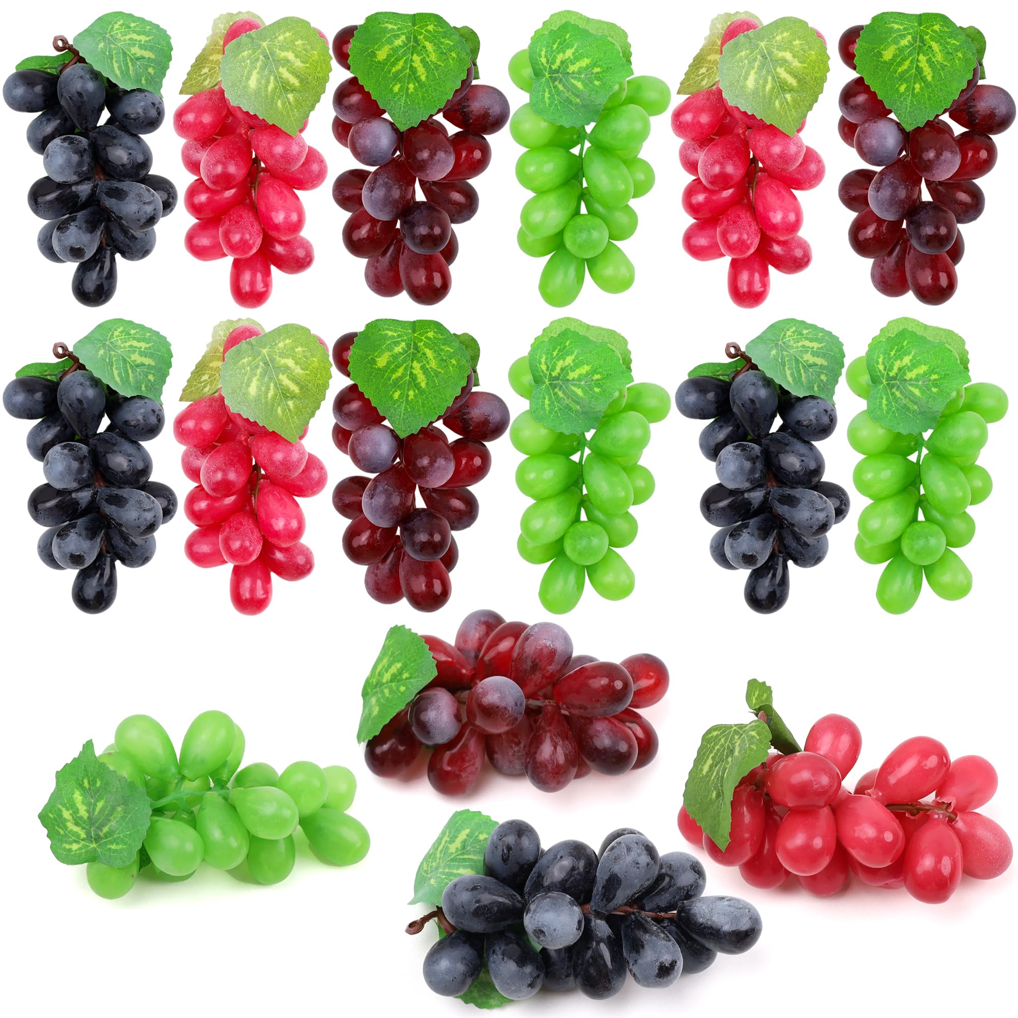 Folmywy 16 Pack Artificial Fake Grapes Simulation Faux Grape Bunches Black Purple Red Green Realistic Rubber Fruits Decoration for Wedding Party Home Fruit Wine Garland Decor