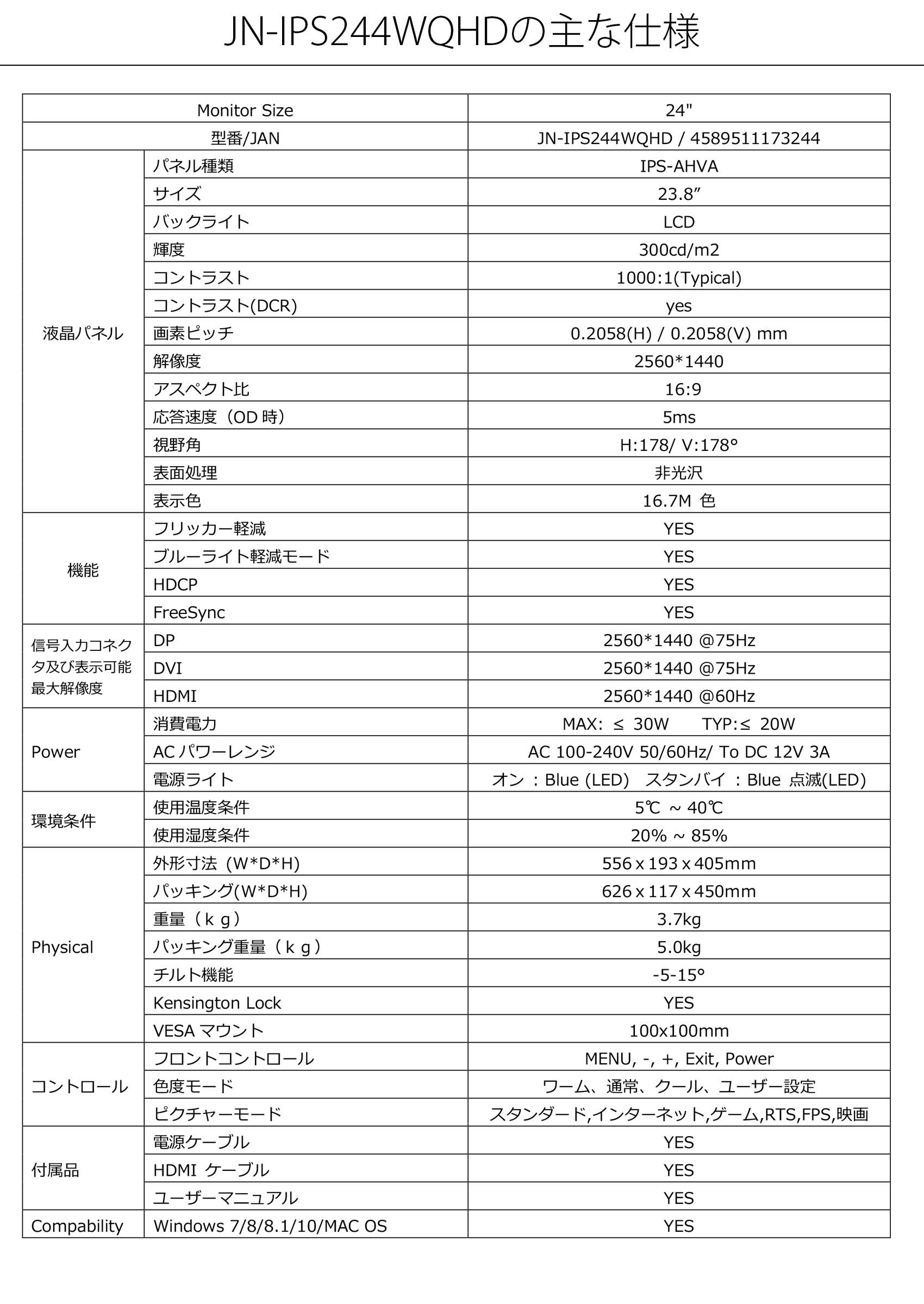Amazon.co.jp: JAPANNEXT JN-IPS244WQHD 23.8インチ液晶ディスプレイ  