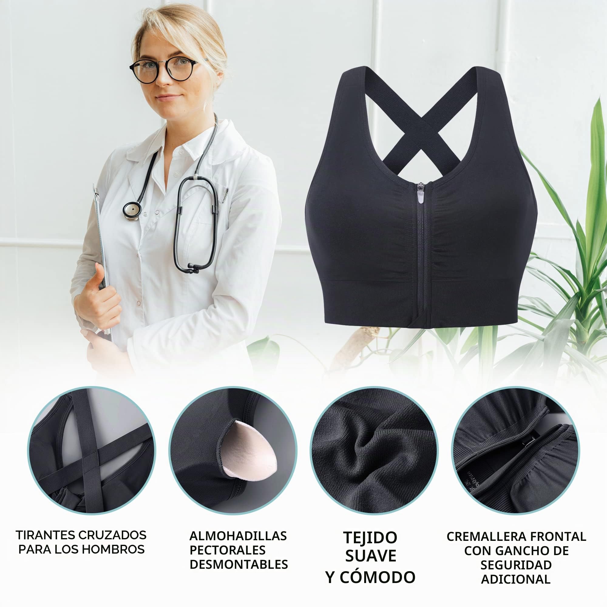 Evercute Sujetador postoperatorio con cremallera frontal para mujer, sin varillas, con tirantes acolchados, soporte medio, para yoga, ejercicio, atletismo