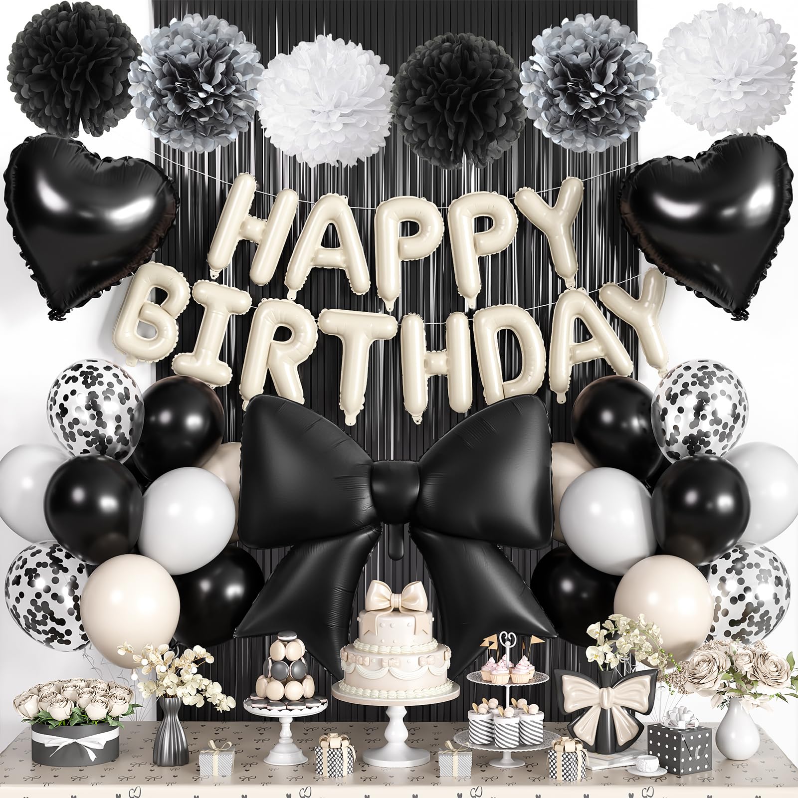 Black White Birthday Decorations for Girls Women, Happy Birthday Balloons