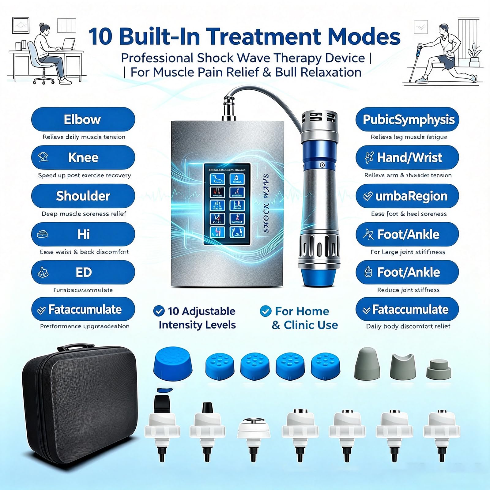 Terapia d'urto focalizzata extracorporea, macchina ad onde d'urto ED con 7 sonde, energia regolabile da 60 ~ 200 MJ, massaggiatore muscolare profondo, non invasivo, per alleviare il corpo umano