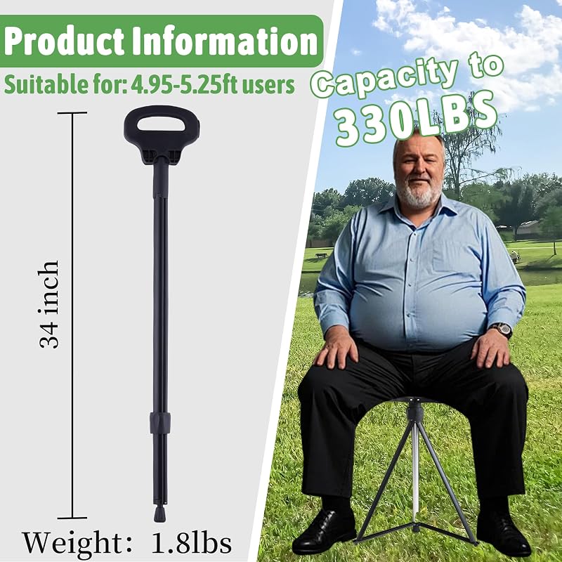 ALEVMOOM Összecsukható Sétapálca Ülőkével, Hordtáskával, Felnőtteknek és Időseknek, 200 kg Terhelhetőség - Black