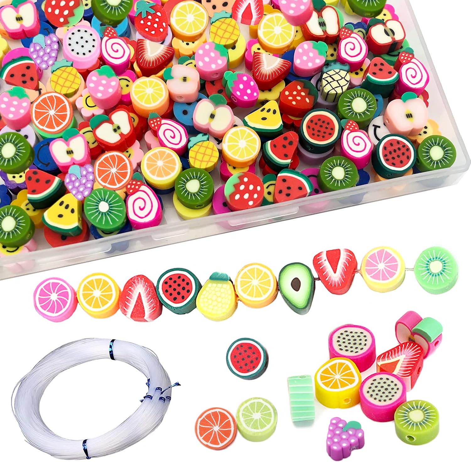 VEGCOO Flower Smiley Face Beads, 200PCS Fruit Beads 10mm Colour Mixed