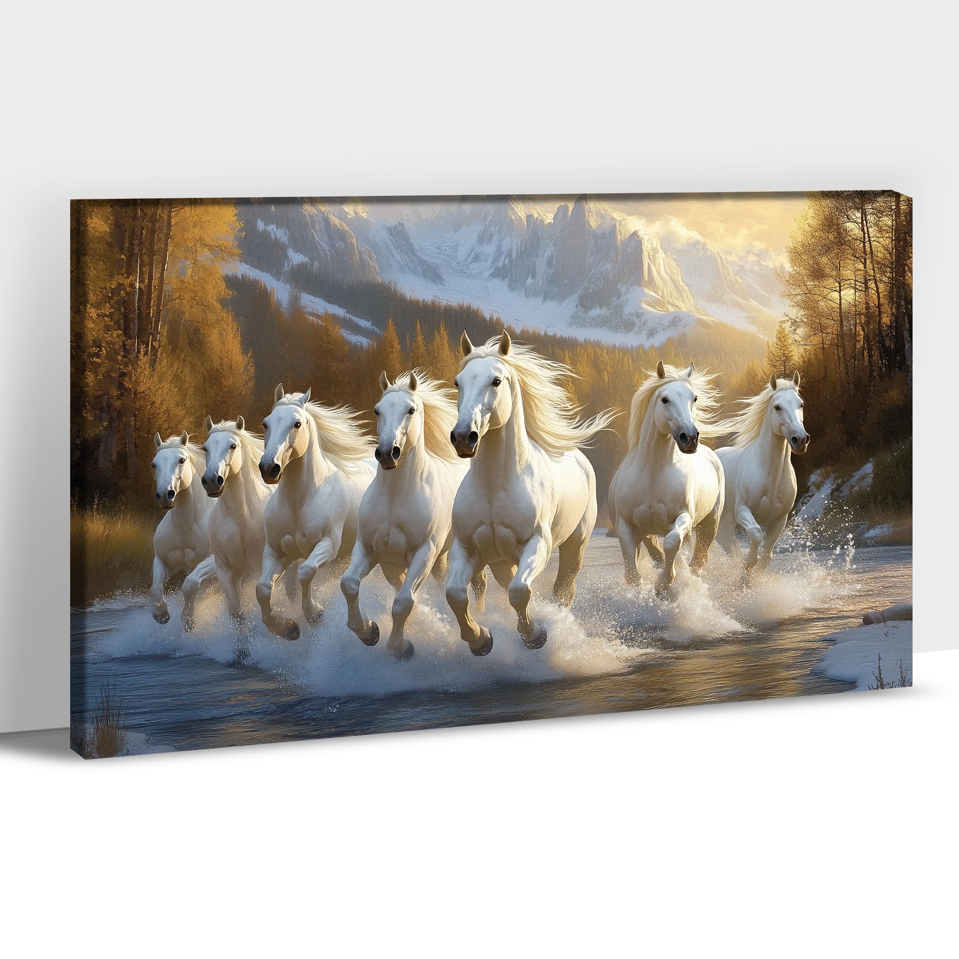 ANRUOXI Horse Pictures Wall Decor, 7 Running Horses Wall Art Vastu With Frame, Horse Posters Canvas Wall Art, Seven Horses Running Painting Vastu Shastra for Living Room Office Ready To Hang 28x40''
