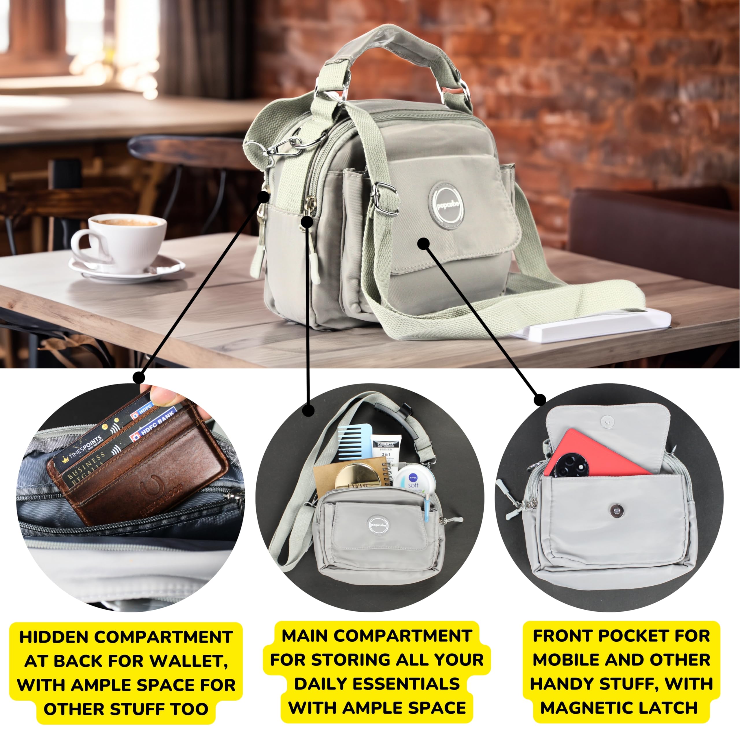 POPCUBE Women Small Crossbody Bag Waterproof Multi-layer Casual Satchel Bag Shoulder Bag Messenger Bag Travel Bag With Inner Padded Pocket & Adjustable Strap (Grey) 1