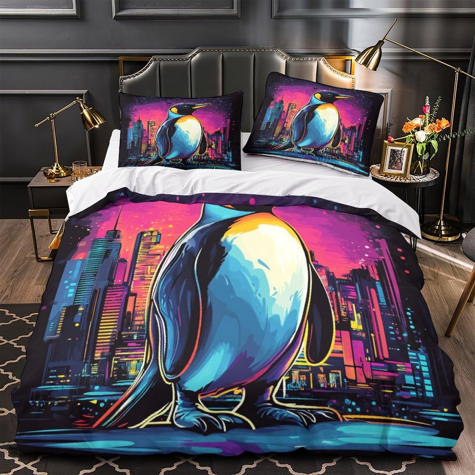 Drap de couette pingouins 3D pour chambre ado style urbain déco néon dynamique King size