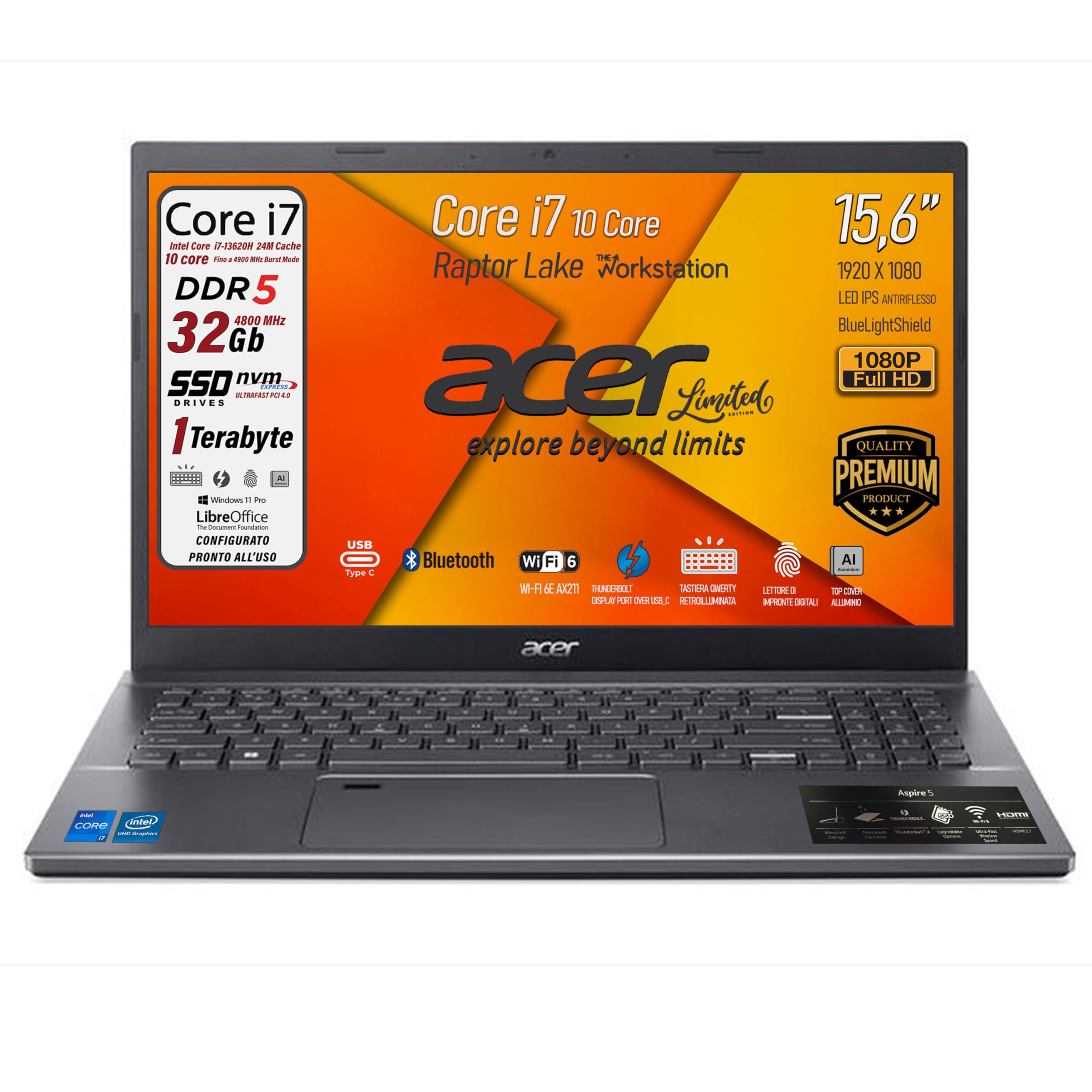 acer, Notebook Intel Core i7-13620H, Raptor Lake, Ram DDR5 32Gb, SSD Pcie 1Tb, Display 15,6" FHD IPS BlueLightShiled, Tastiera retroilluminata, fingerprint, thunderbolt, Win 11Pro, pronto all'uso