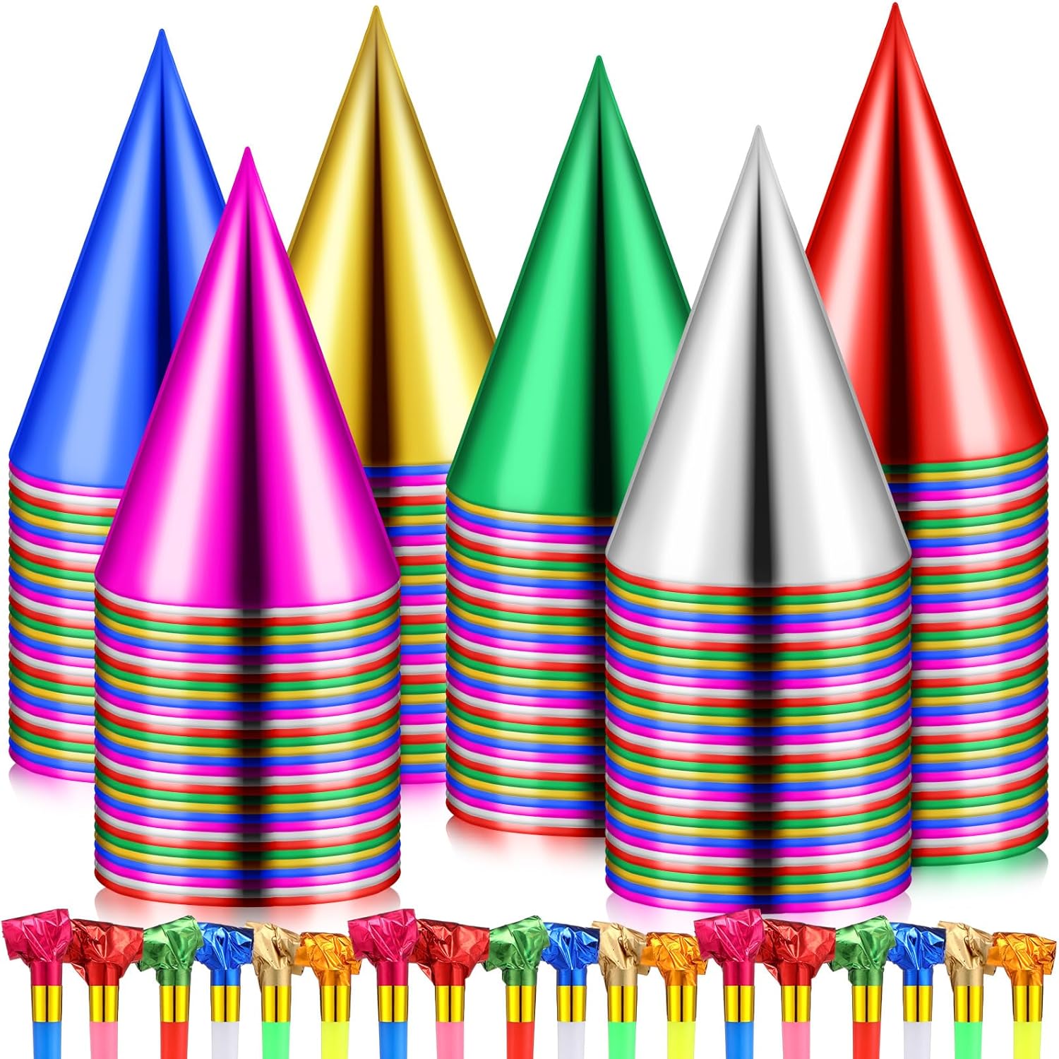 WinnerWhy 300 Pcs Birthday Party Cone Hats and Colorful Noisemakers Blowers Set Metallic Foil Paper Cone Hats Noisemakers Blow Whistle for Adults Birthday Party Supplies