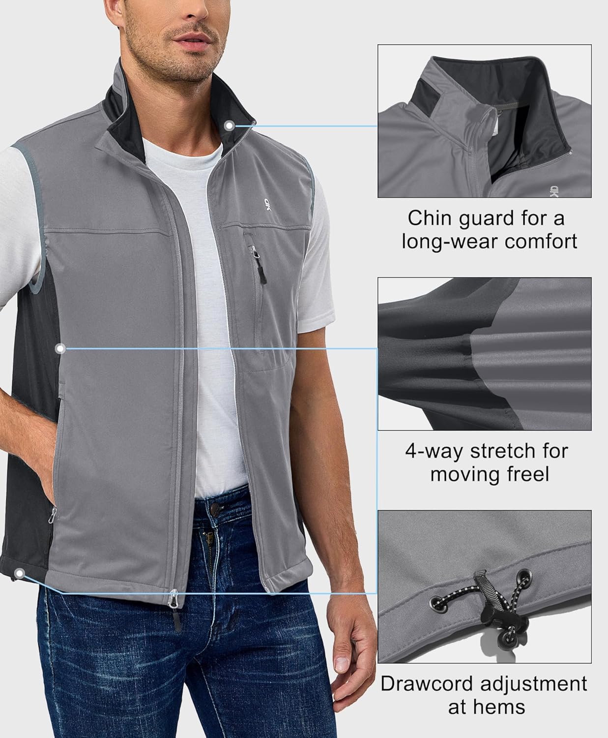 Little Donkey Andy Men's Lightweight Softshell Vest, Windproof Sleeveless Jacket for Running, Hiking, Cycling, Golf