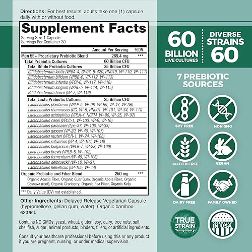 Miniatura 2 de Vital Planet - Probiótico diario Vital Flora Men 55+, 60 mil millones de UFC, 60 cepas diversas, 7 prebióticos orgánicos, apoyo inmunológico, alivio