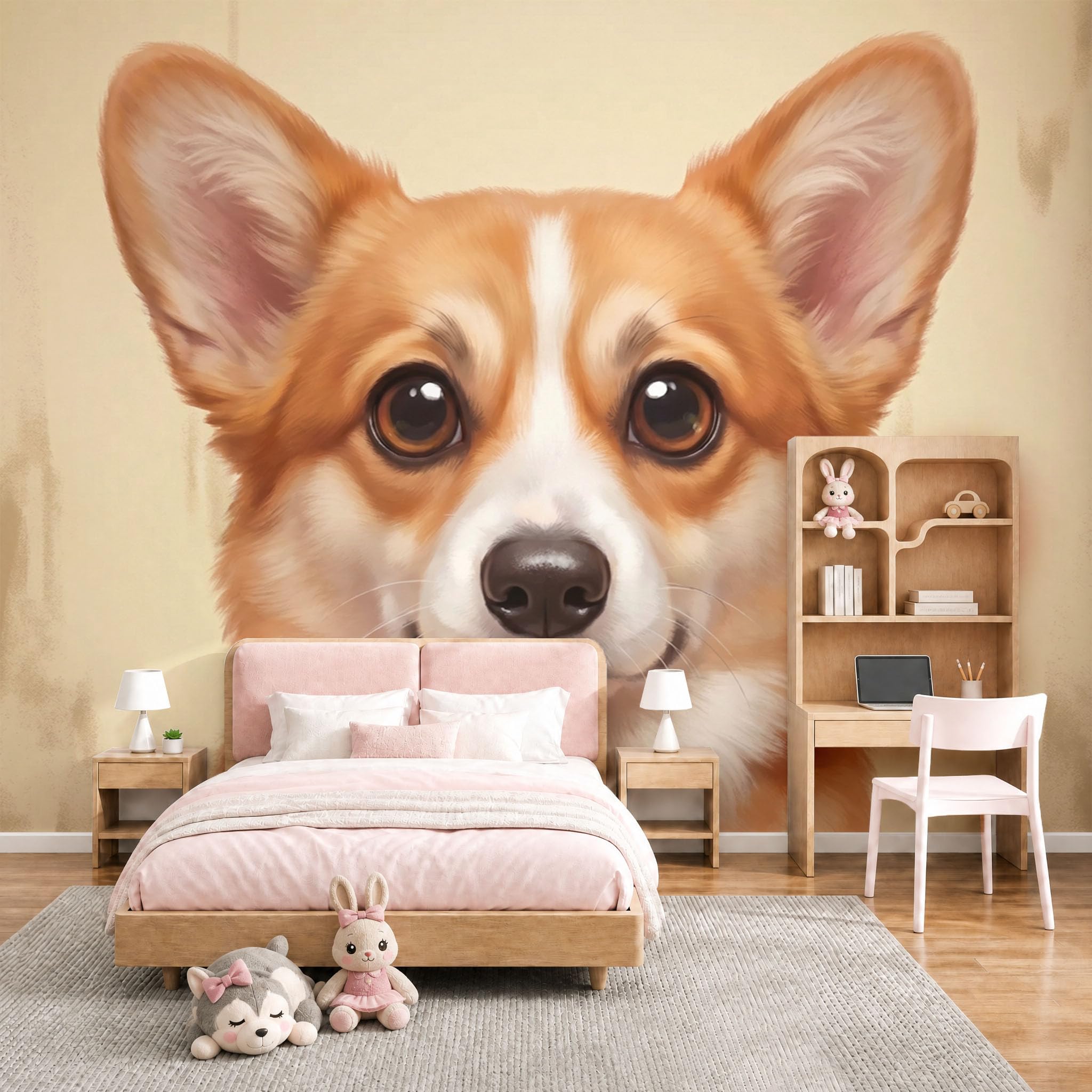 Papier peint Corgi 3D panoramique pour créer un salon cocooning et moderne