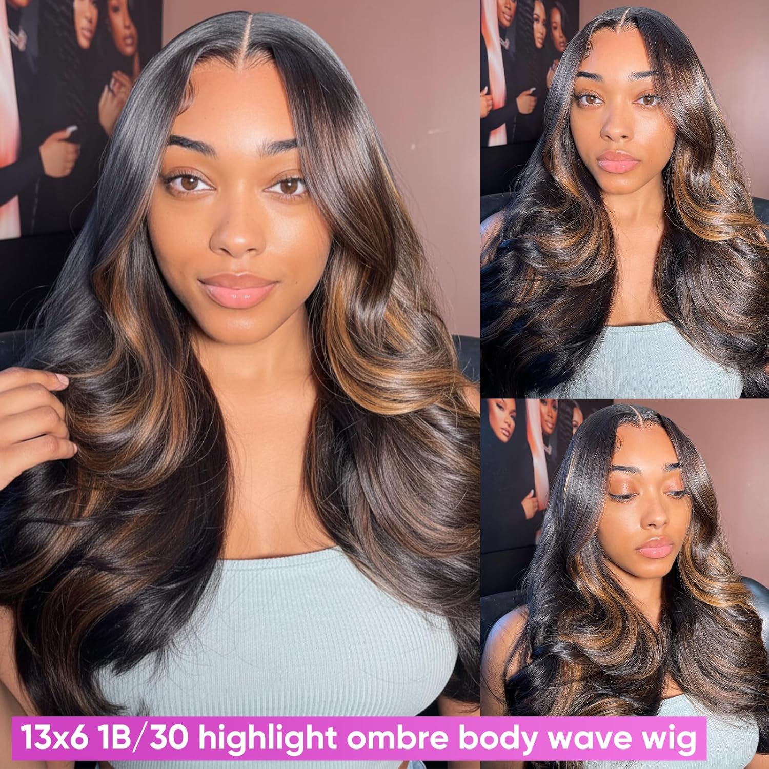 13x6 Body Wave Highlight Lace Front Wig Human Hair FB/30 Ombre Lace Front Wig Human Hair Pre Plucked HD Lace Frontal Wigs 200% Density Colored Ombre Wig For Women 30 Inch - Image 3