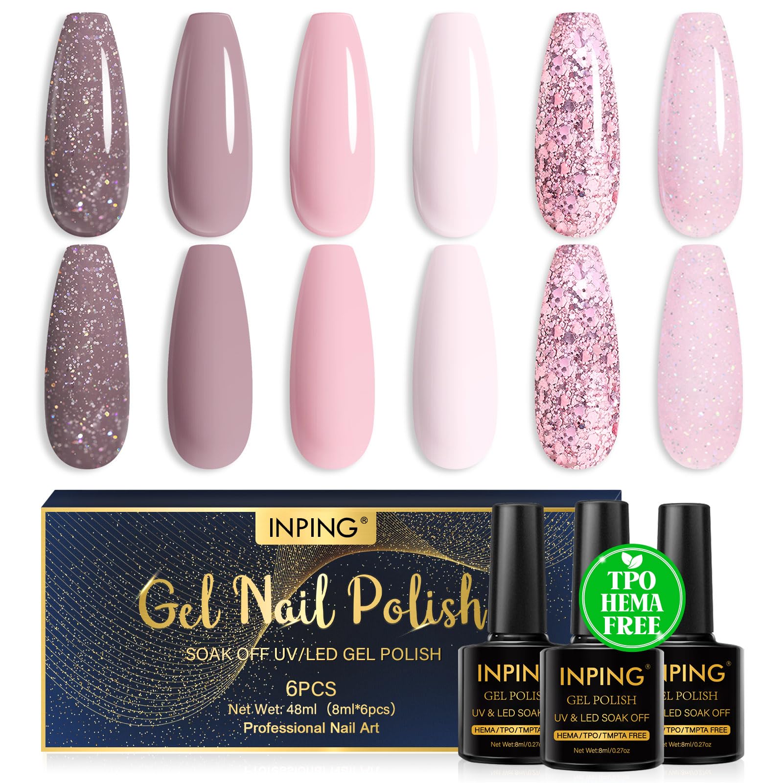 INPING Smalto Semipermante Unghie HEMA-FREE TPO-FREE, 6 Colori Rosa Glitter Marrone Smalti Semipermanenti Soak Off UV/LED Smalto Unghie per Novice Nail Art DIY,8 ML