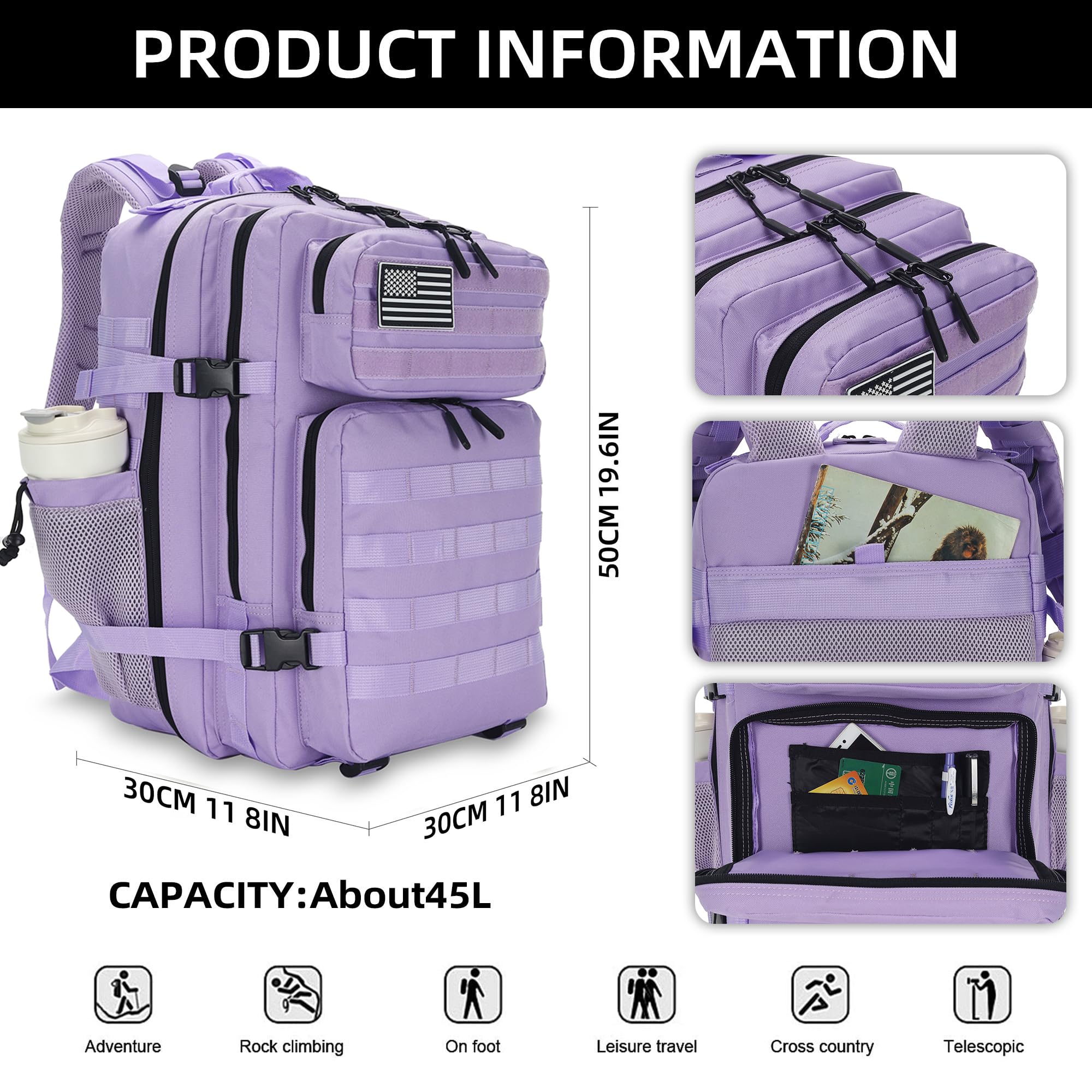 Lovelinks21 Plecak taktyczny o pojemności 45 l, 3-dniowy plecak szturmowy z systemem Molle, wodoodporny plecak turystyczny, plecak taktyczny, jasny fiolet, Large, Plecak