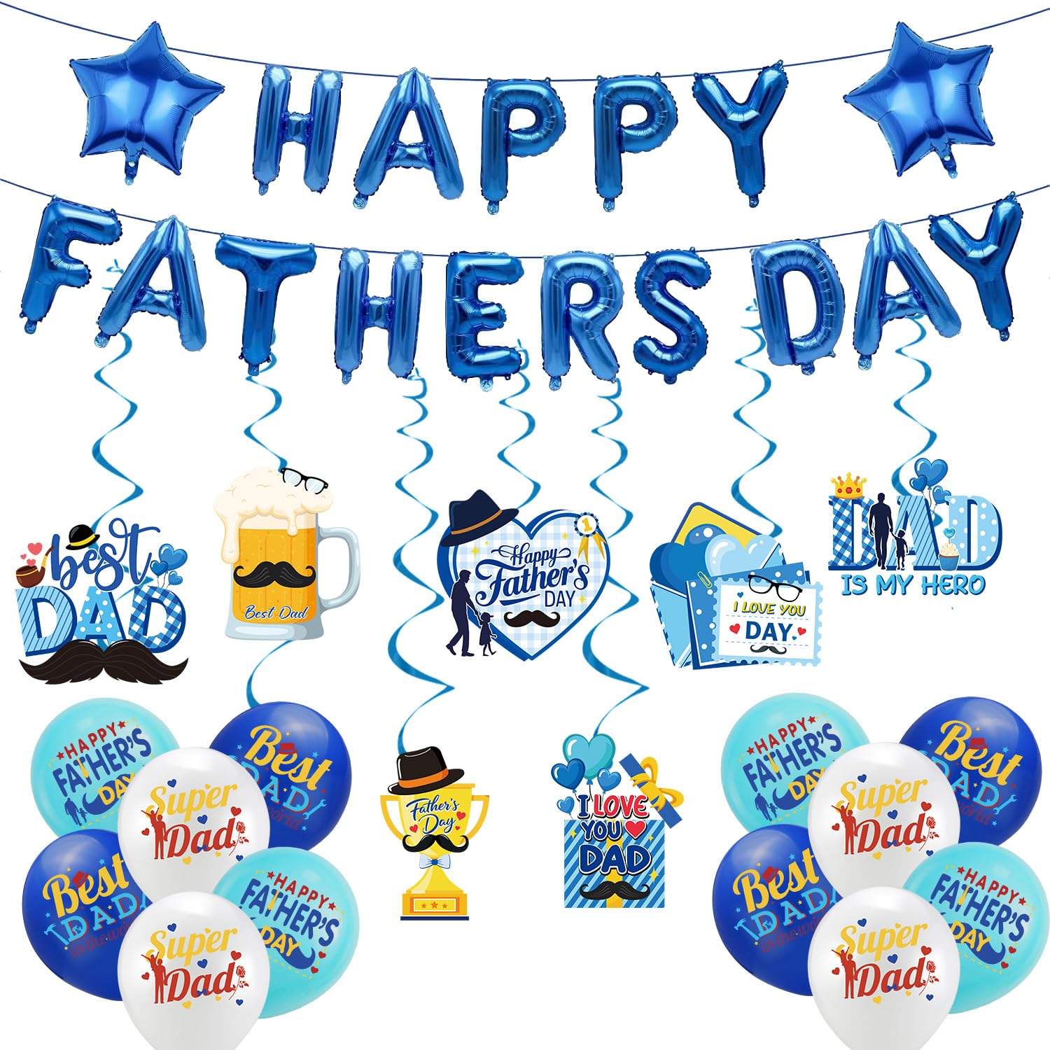 Luvart Fathers Day Party Decorations - 2 Balloon Banners, 7 Hanging Swirls 12 Printed Dad Balloons for Fathers Day Celebrations
