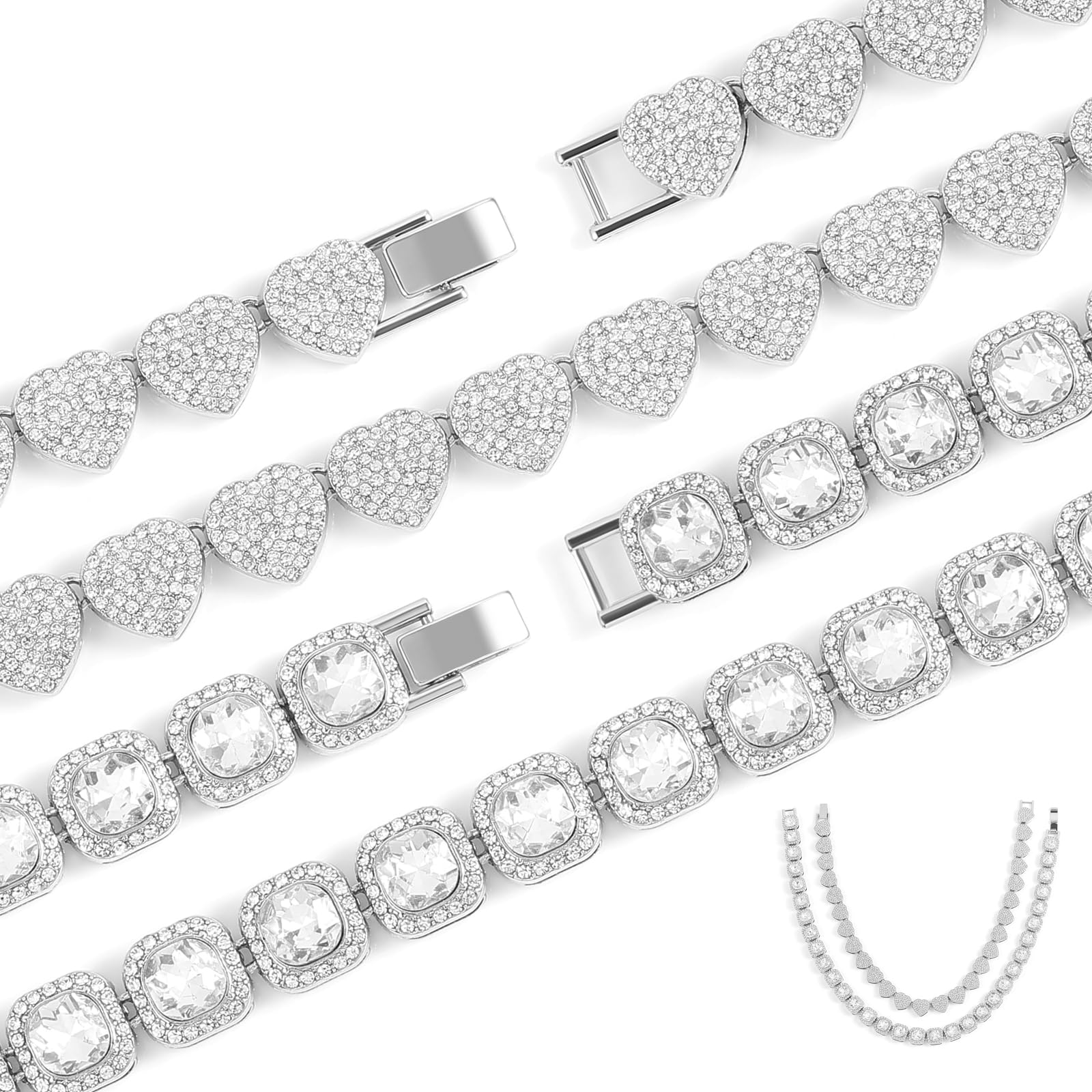 JUNVirtuousTennis Necklaces for Women,2 Pieces Diamond Chain and Heart Necklace Set Iced Out Miami Cuban Hip Hop Jewelry