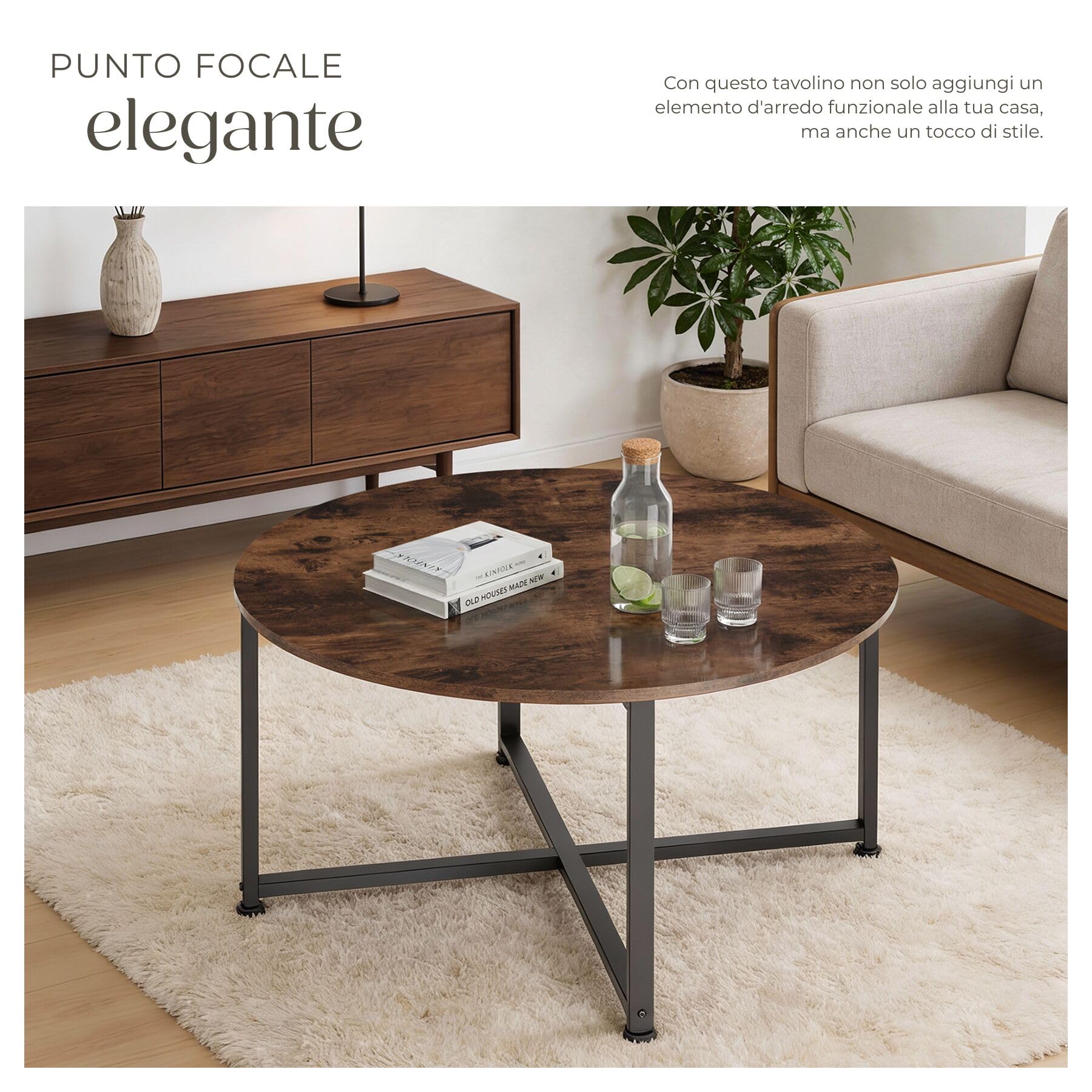 tectake® Tavolino Salotto 88,5x47cm, Tavolino Salotto o Divano, Tavolo Tondo, Design Moderno, Telaio in Acciaio, Piedini Regolabili, Ideale Soggiorno, Casa, Ufficio - Legno Industriale Scuro