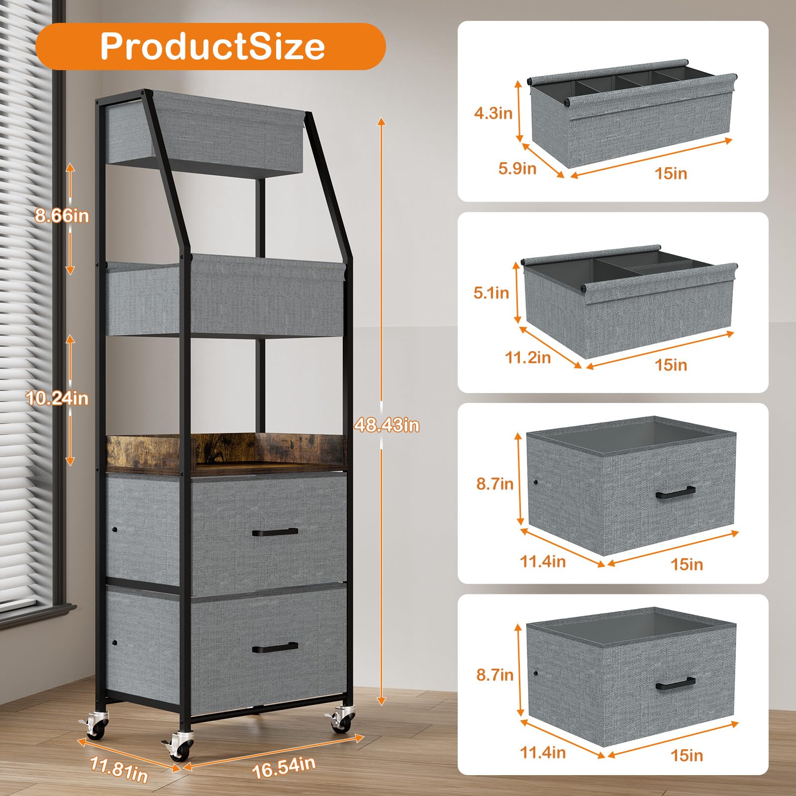 Organizador de Pañales Móvil de 5 Alturas, Cómoda con Ruedas y 2 Cajones para Artículos de Bébé, Organizador de Pañales Móvil de Madera y Metal para Habitación Bebé, Dormitorio (Nero)