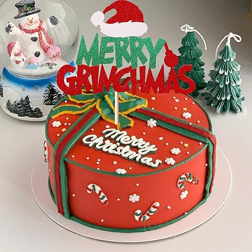 Vista 32 de Rsstarxi 1 paquete de decoración de pastel de Navidad con purpurina verde y rojo hojas de acebo y bayas, sombrero de Papá Noel, barba, decoración