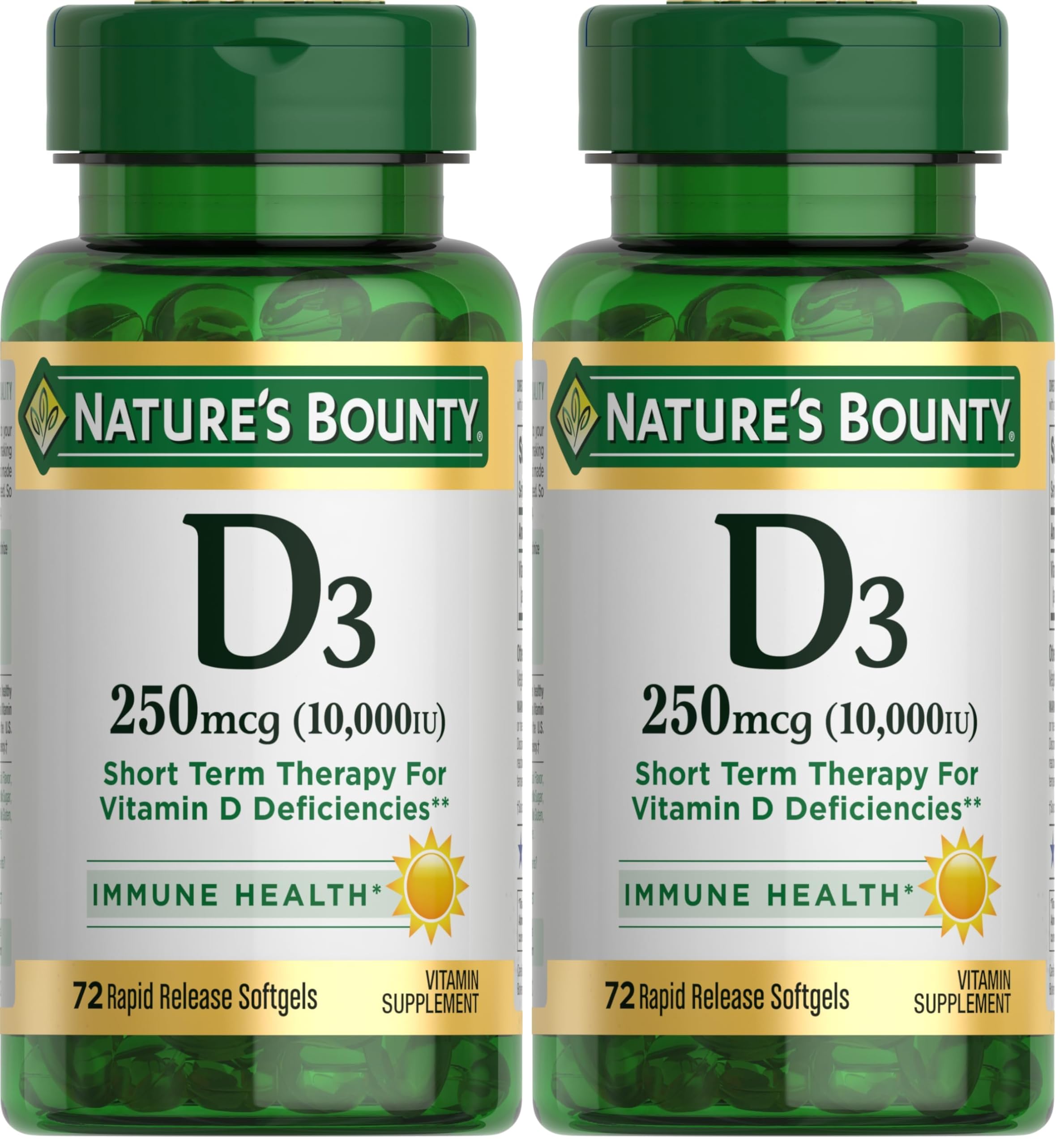 Nature's Bounty Vitamin D for Immune Support, Vitamin D Provides Immune Support and Promotes Healthy Bones, 10000IU, 72 Softgels (Pack of 2) 72 Count (Pack of 2)