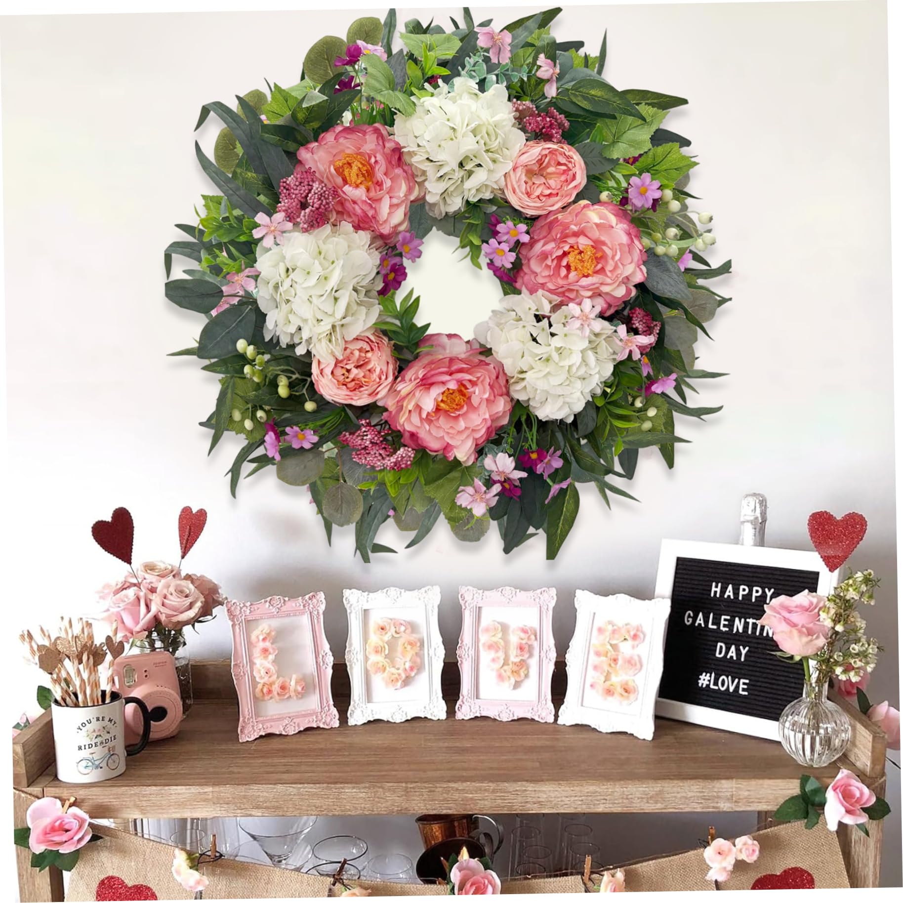 Frühlingskranz, 55, 9 cm, Hortensien und Pfingstrosen, Blumenkranz für die Haustür, handgefertigt, Elegante Willkommenskränze für draußen und drinnen