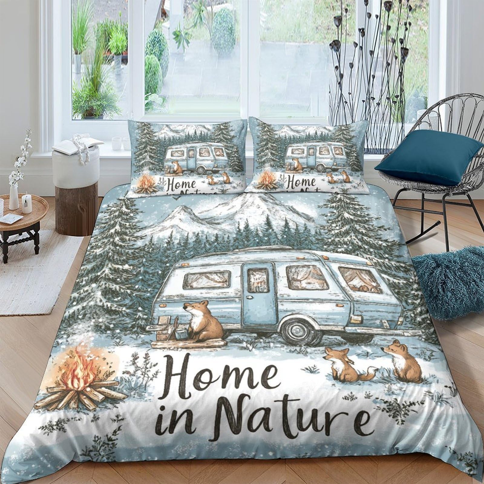 Ctjqhvkz Style-3 3D Printed Forest Camper Fitted Sheet Microfiber Soft Woodland Fox Mattress Cover Bedroom Lodge Decor Single（135X200cm）