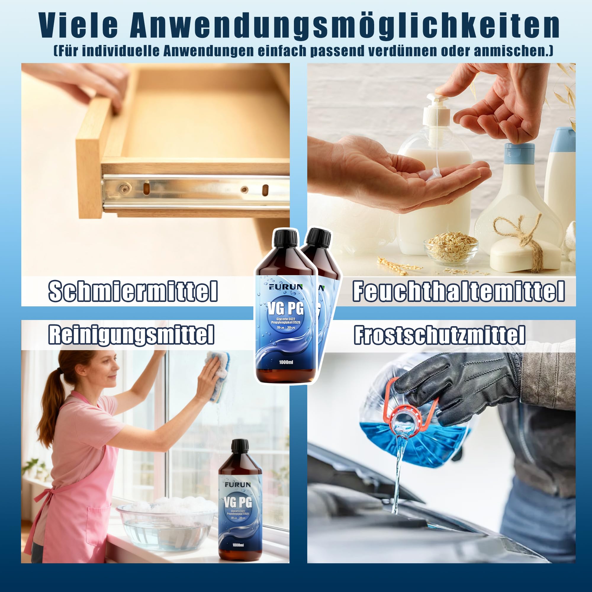 FURUN 70% VG Glycerin 30% PG Propylenglykol E422 E1520 Pharma-Qualität, Reinheit >99,9%, Vegan, Kindersichere PET-Apothekerflasche