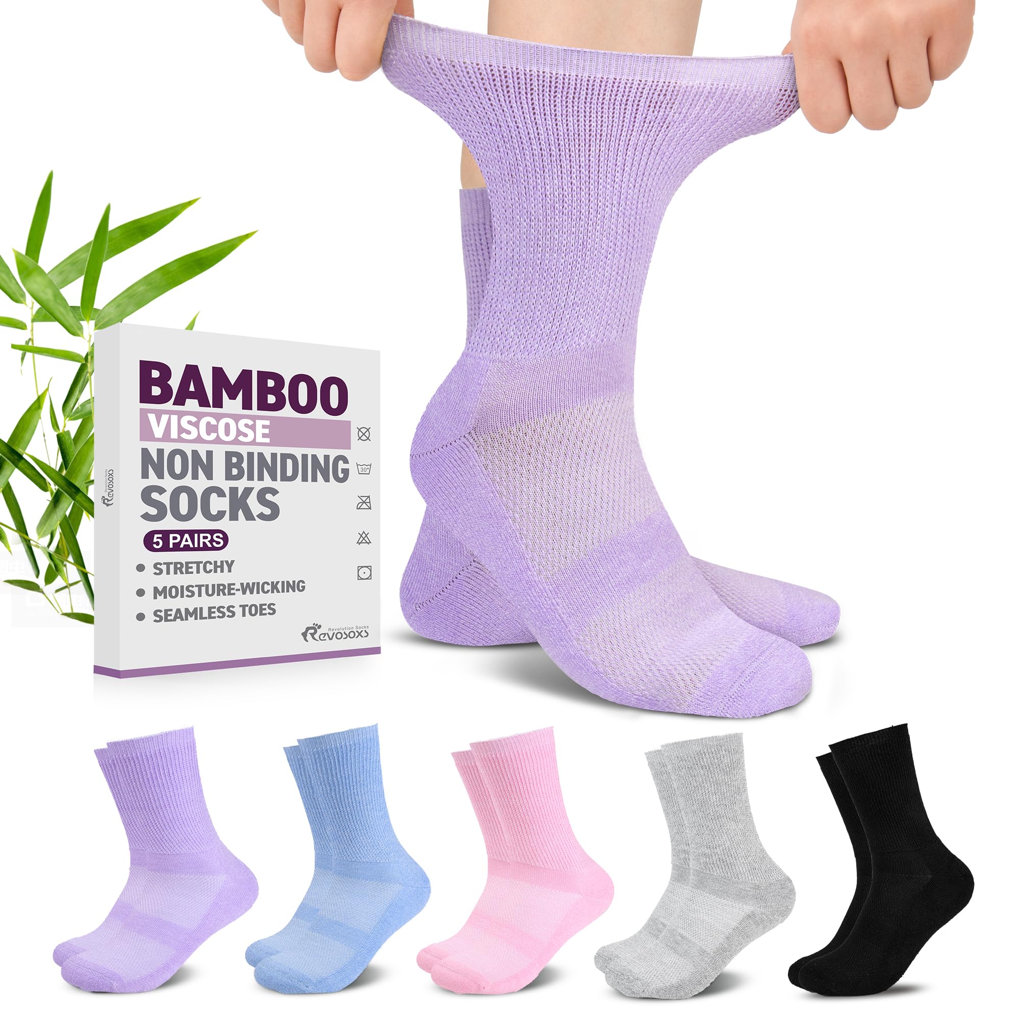 Revosoxs Diabetic Crew Socks for Men Women,Bamboo Viscose Non-Binding Loose Top Wide Socks with Seamless Toe 9-12 10-13