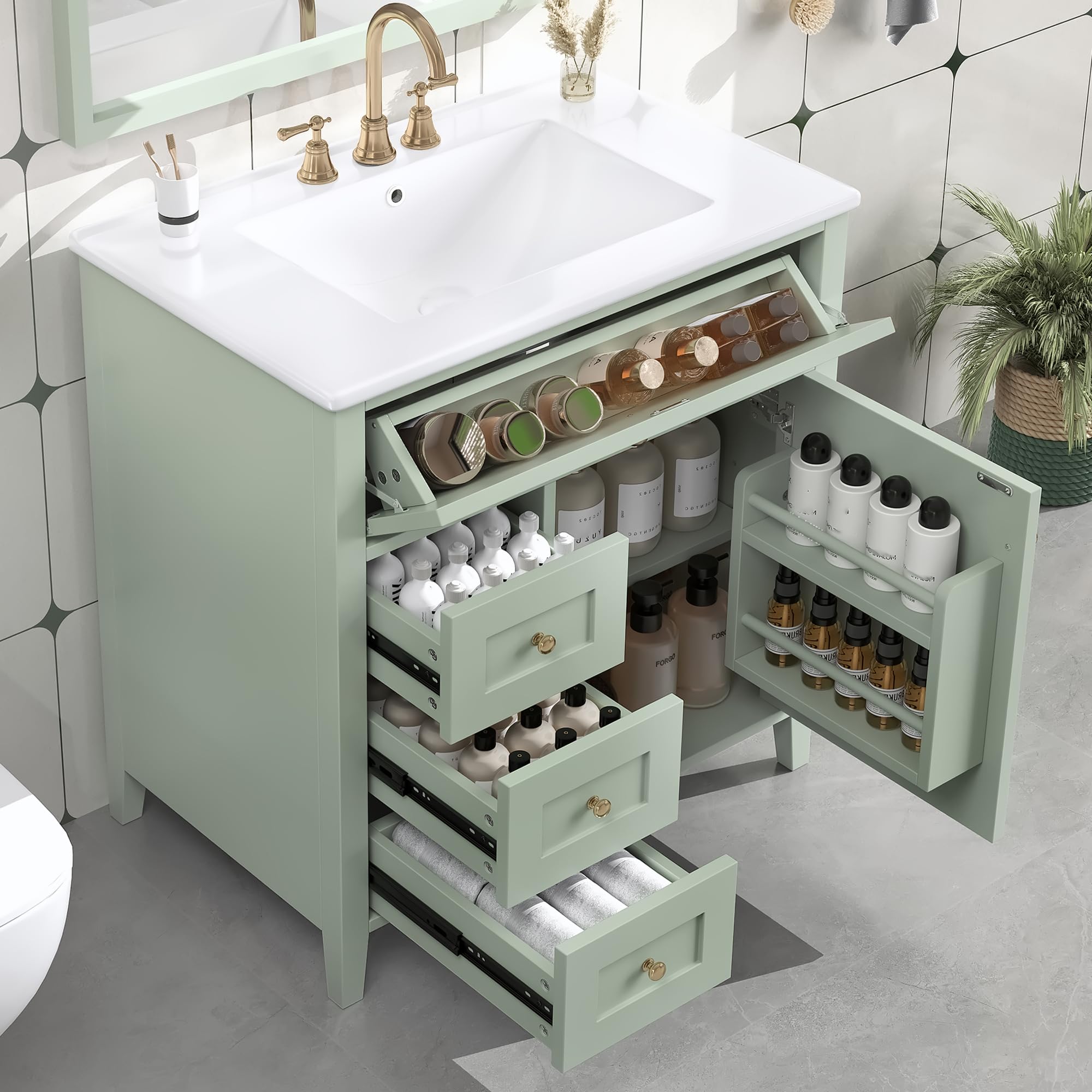 Guxeei 30-inch Bathroom Vanity with Sink Combo, Free-Standing Single Storage Cabinet with Tilt-Out Drawer, 3 Drawers, Adjustable Shelf & Storage Rack, Vanity with Ceramic Basin for Bathroom (Green) (Used)