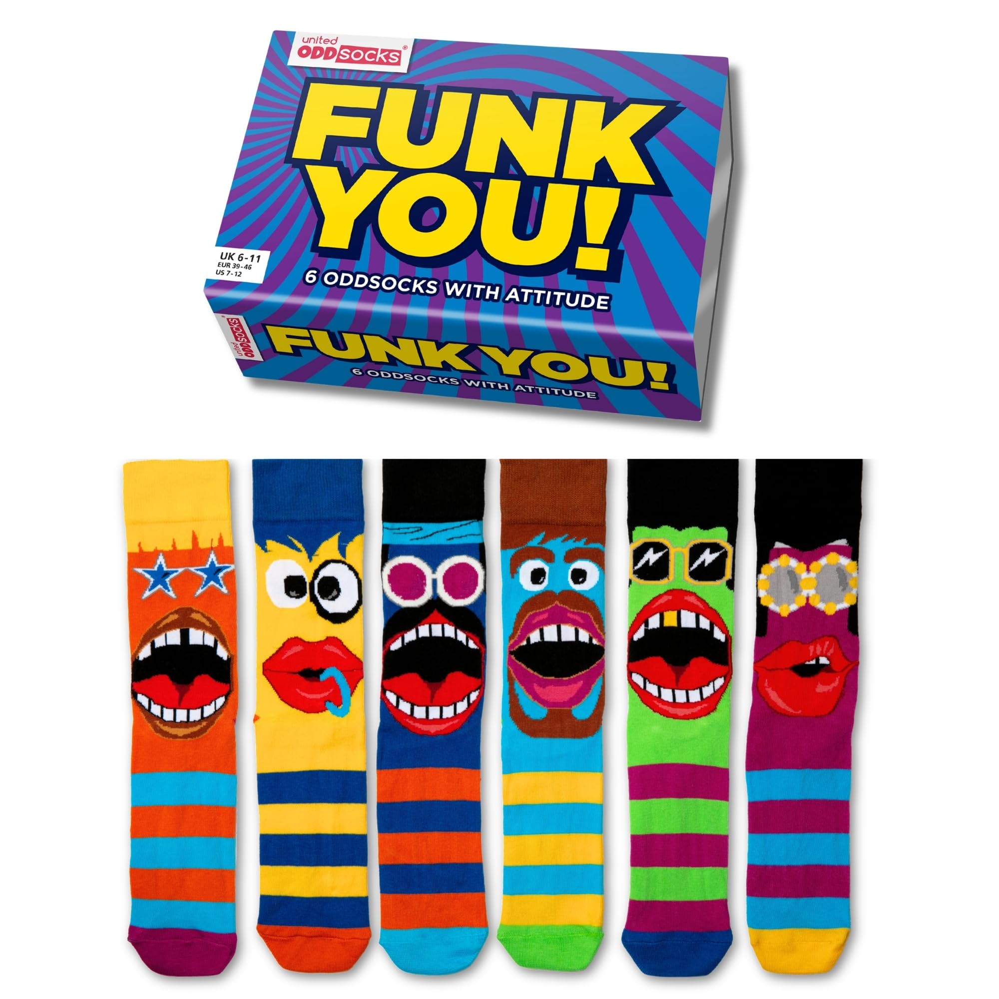 United Oddsocks 6Pk Funk You Socks - Uk 6-11 | Novelty Socks Multicoloured