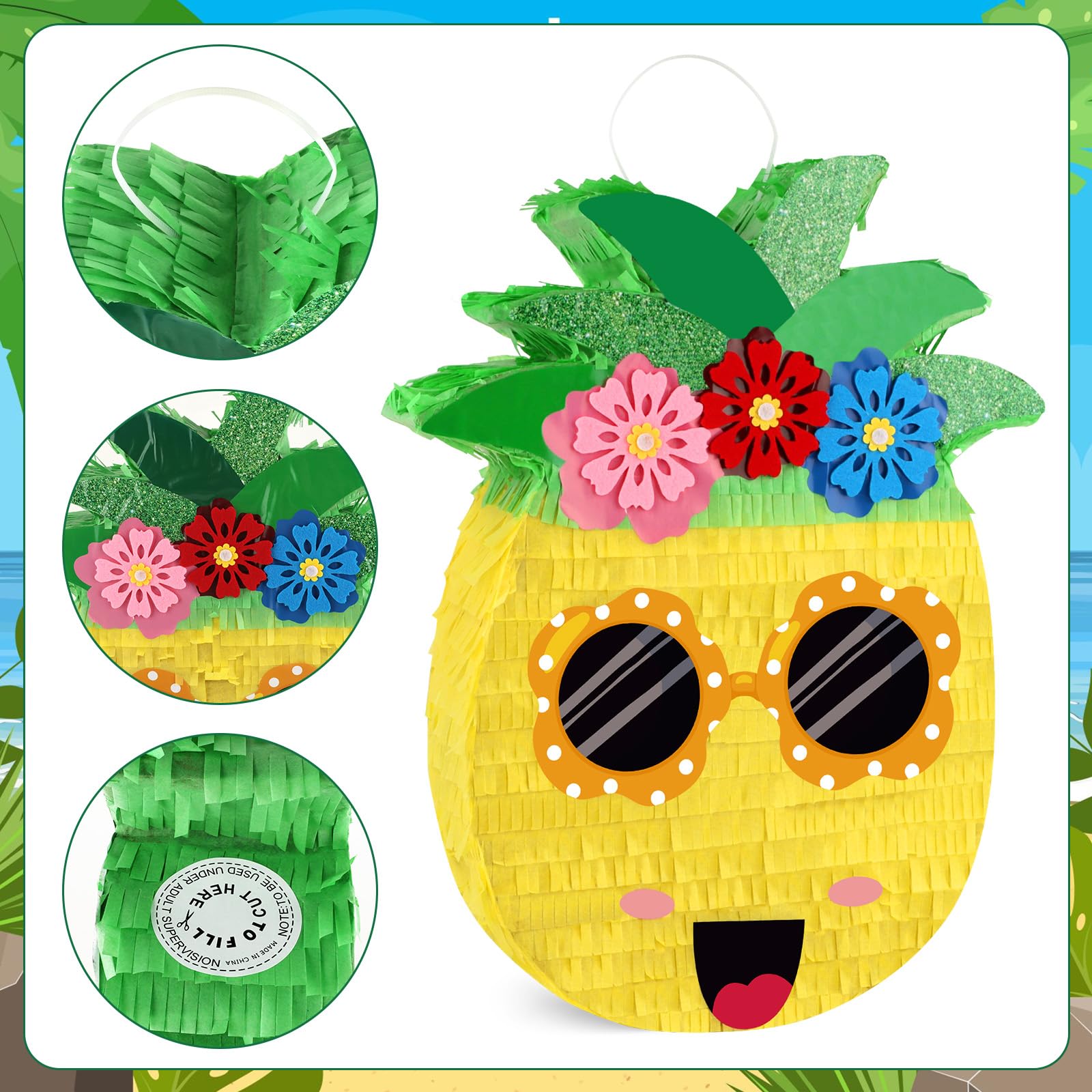 Piñata de piñata de verano con palo y venda para los ojos, piñatas grandes y divertidas, decoraciones de fiesta de frutas, juegos de piña para fiestas hawaianas tropicales luau, suministros