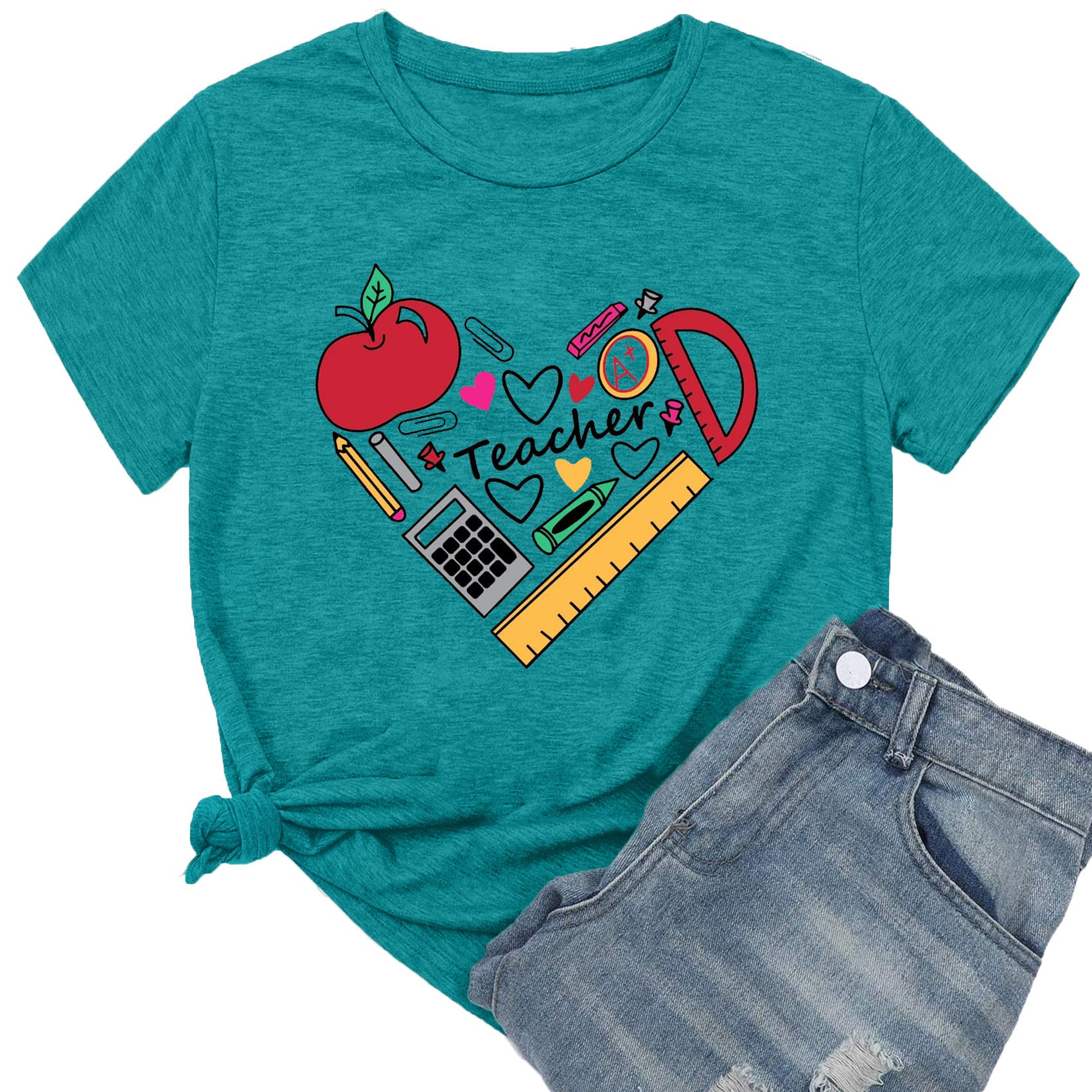 MEESHEEPTeacher T Shirt for Women Funny Teaching Heart Graphic Tee Tops Teacher Day Gift Shirts