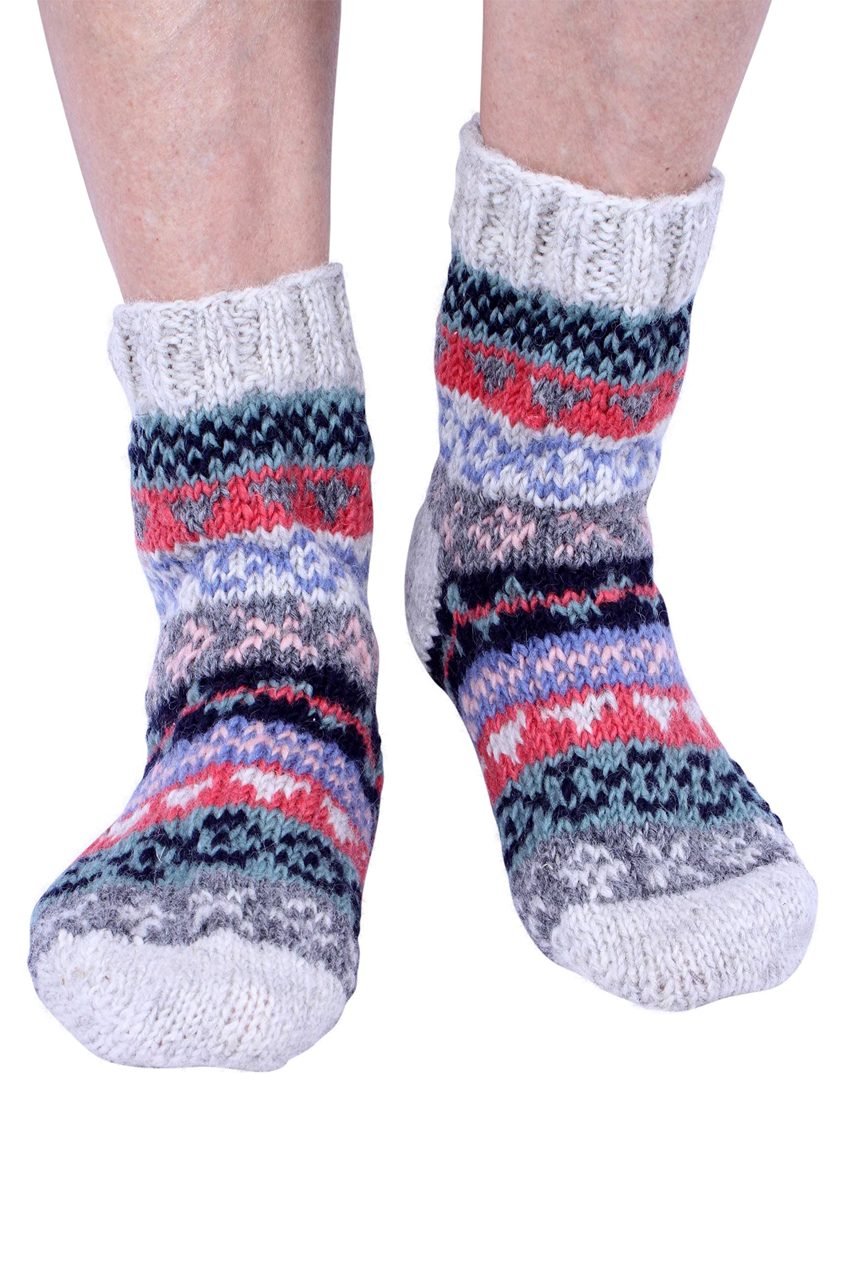 PachamamaWomen 100% Wool Bed Sofa Socks Fine Hand Knit Striped Fair Isle Medium 4-7 Handmade Extra Warm Fair Trade