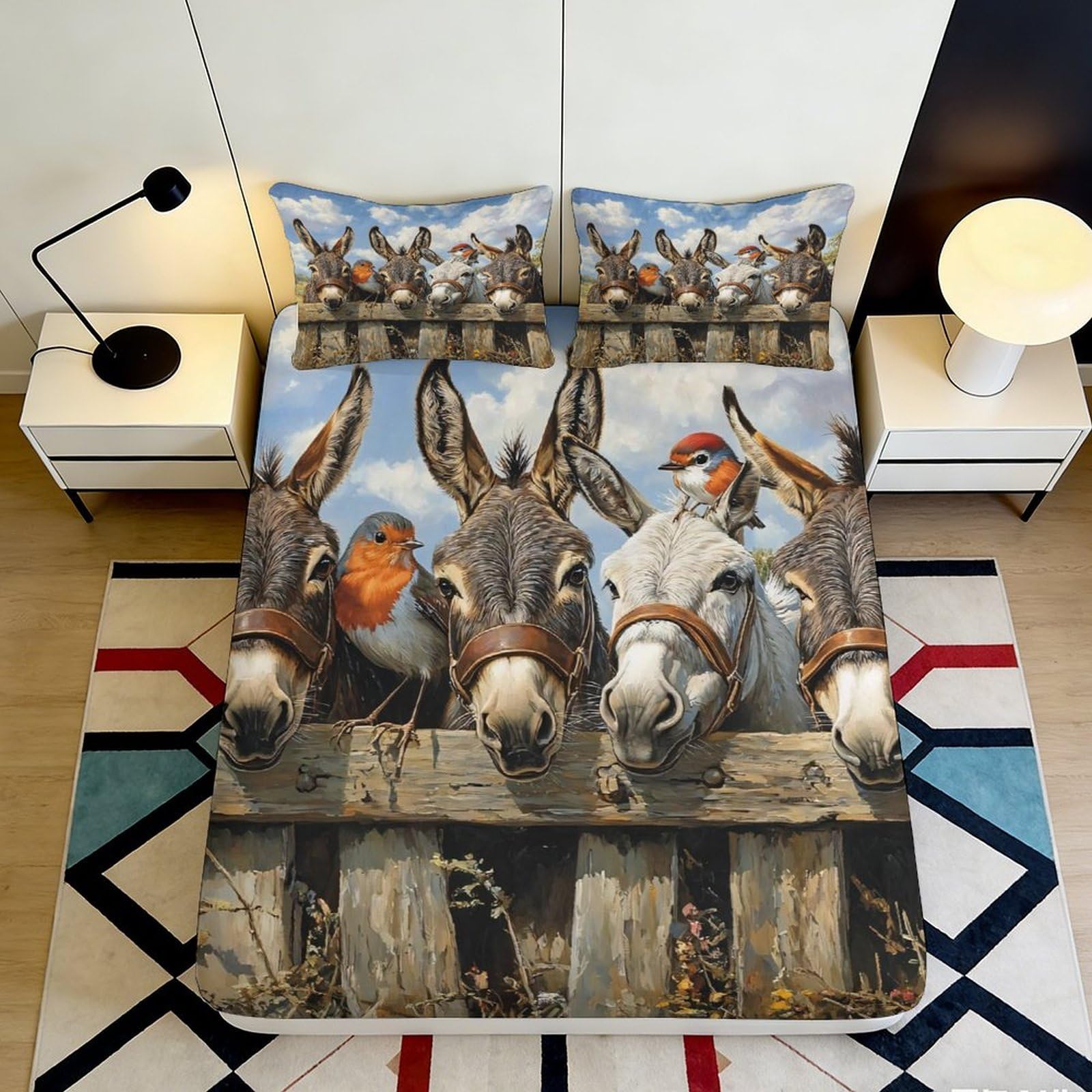 3D Printed Donkey Bird Fitted Sheet Microfiber Soft Mattress Cover Anti-Slip Washable Farm Fence Bedroom Decor 90x200x25cm