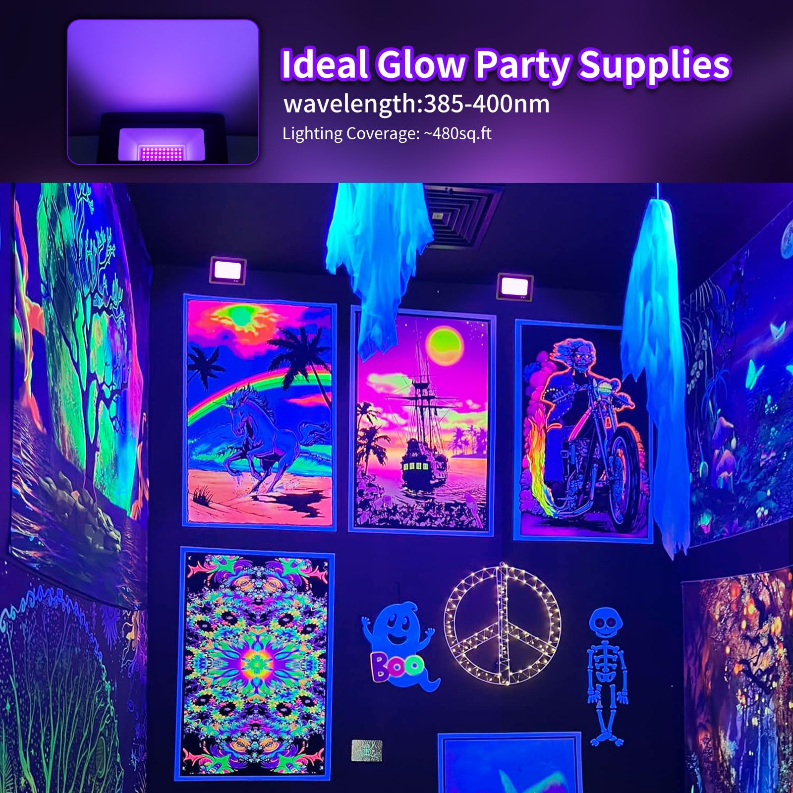 YAYIT 36W LED Black Light with Switch+Plug, IP66 Waterproof Black Lights Floodlight for Glow Party, Halloween, Bedroom, Fluorescent Party, Blacklight Poster, Body Paint, 2 Pack