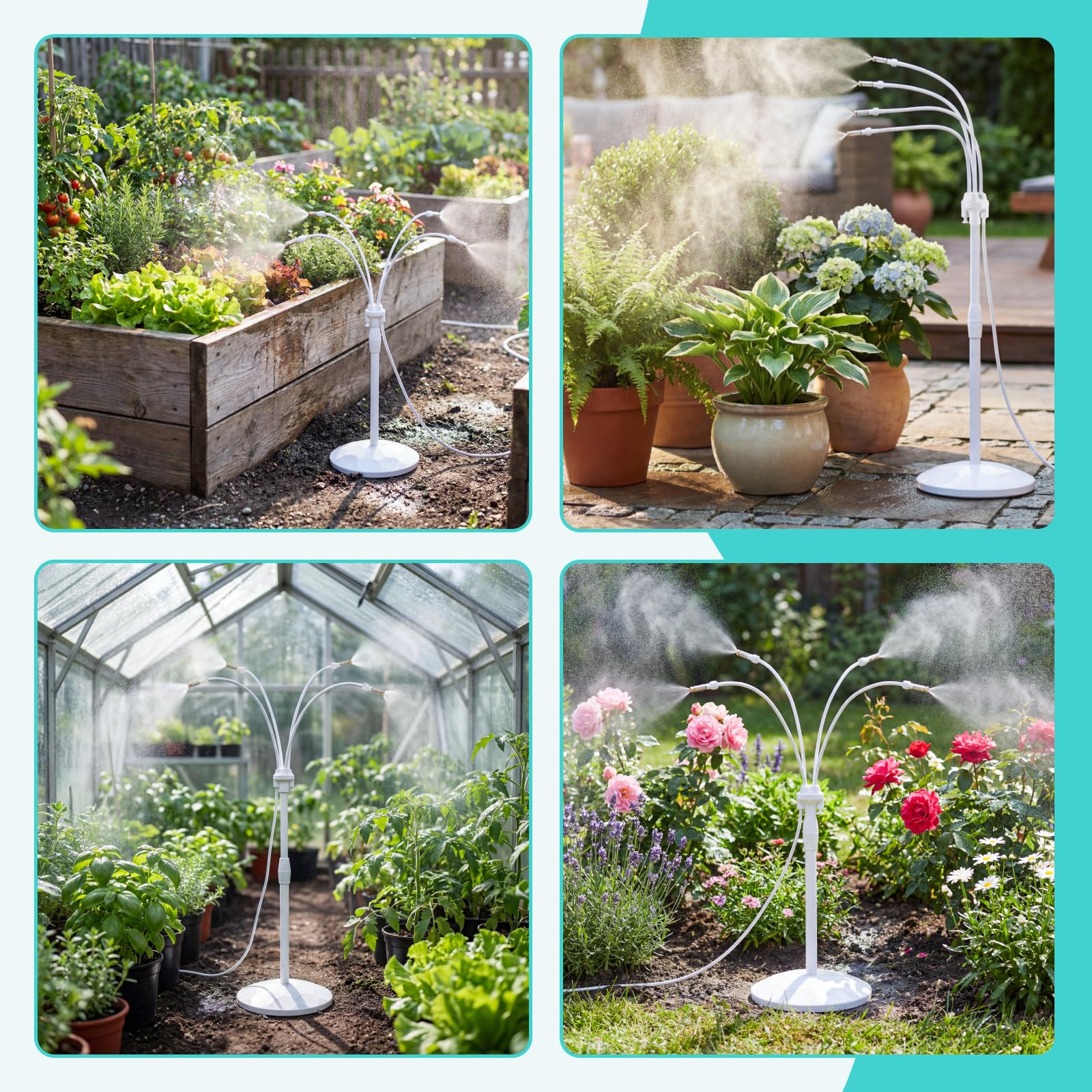 HIRALIY Nebulizador Terraza Exterior con Base Rellenable, Sistema Antivuelco para Jardín, Mascotas y Plantas, Altura Ajustable 60-97cm, Manguera 8m, Blanco