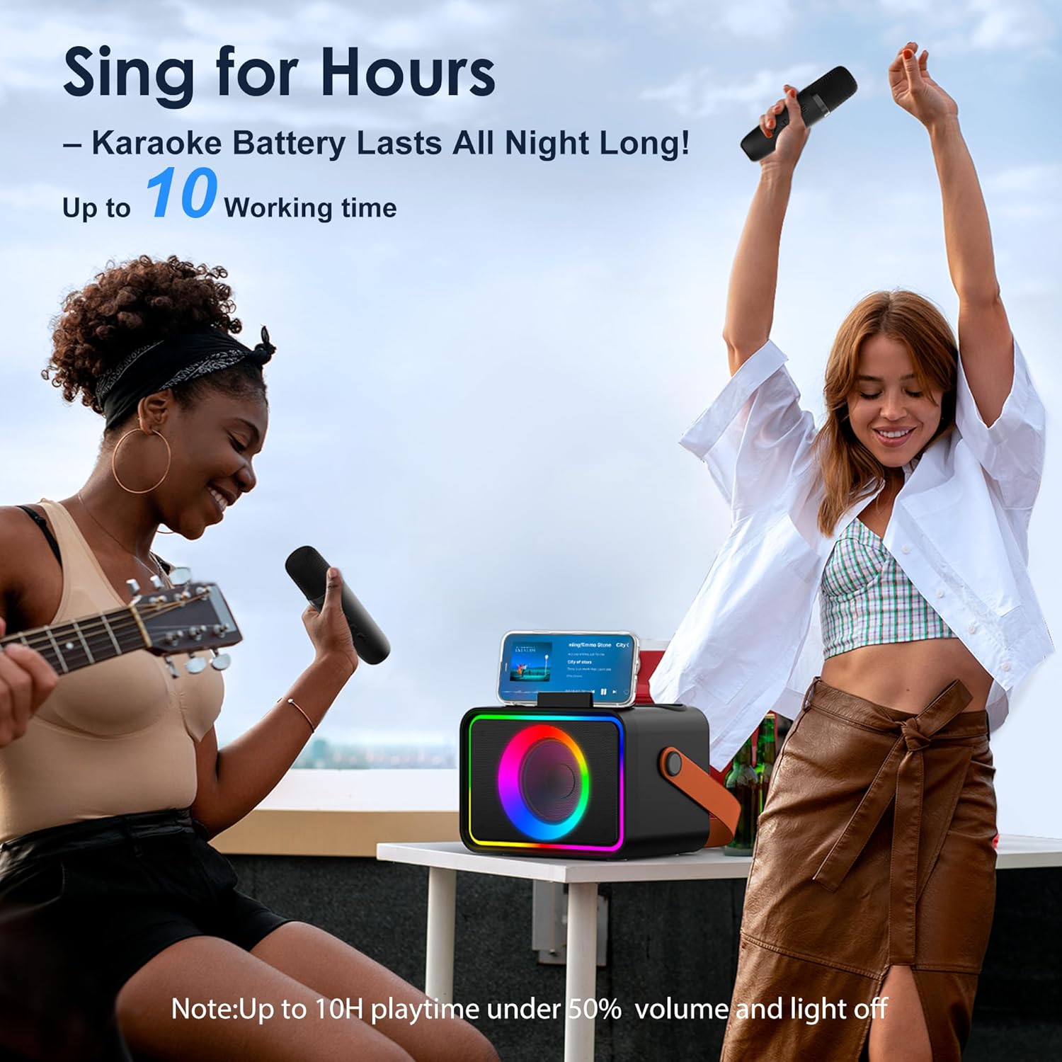 Karaoke Machine,Portable Bluetooth Speaker with 2 Wireless Microphone for Adults & Kids with LED Lights, Karaoke Microphone with PA System Supports USB/TF/AUX,Gift for Party (Black) - Image 6