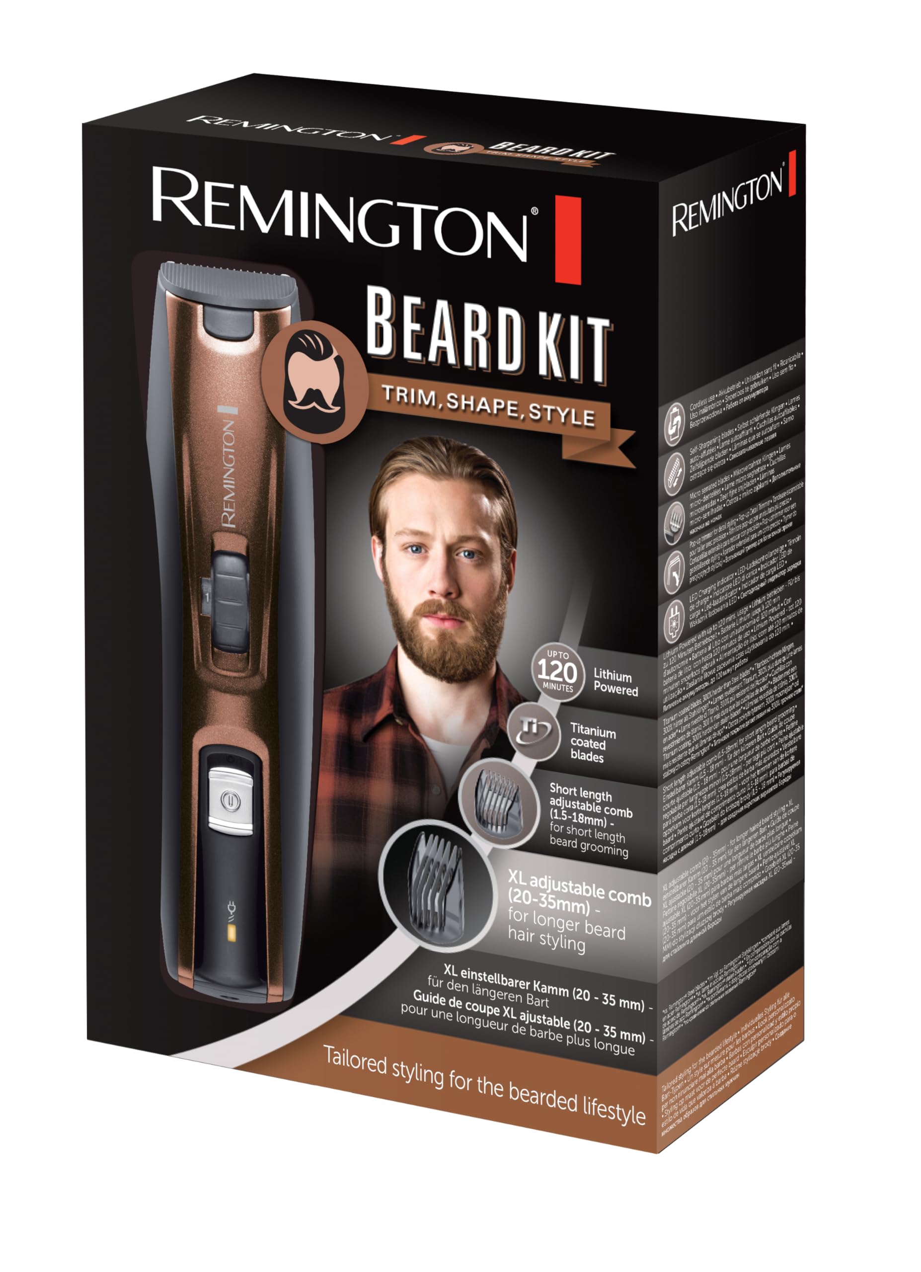 Remington Recortadora de Barba Beard Kit, Barbero con Cable e Inalámbrico, Cuchillas de Titanio, 3 Peines Ajustables, Cepillo para Barba y Tijeras, 90 min Autonomía, Batería de Litio, MB4046