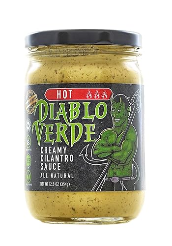 Diablo Verde Salsa, galardonada, salsa cremosa de cilantro, nivel de calor caliente, botella de 12.5 onzas, hecha con cilantro, ajo, lima, chiles