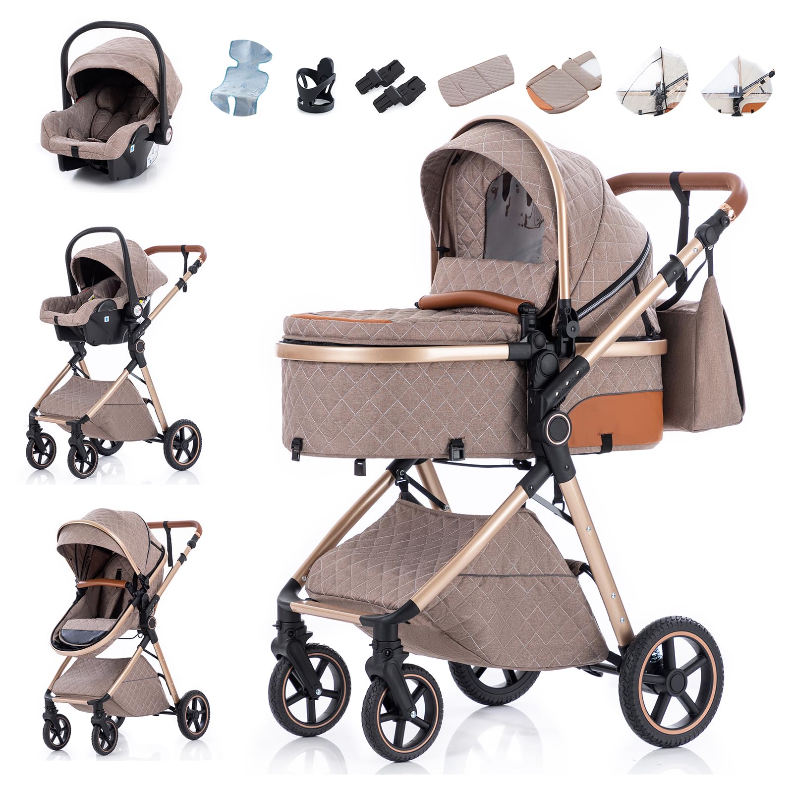 Zkiprm 3-in-1 Kinderwagen Reisesystem mit Autositz | Faltbarer Kinderwagenset | Höhenverstellbarer Griff | inkl. Regenschutz, Fußsack, kühlende Einlage, Getränkehalter & mehr | für 0 bis 3