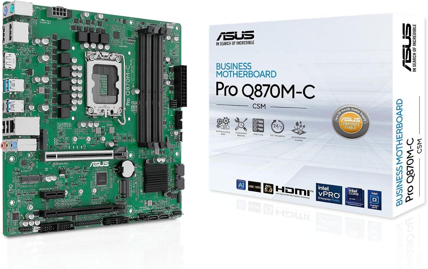 PRO Q870M-C-CSM Business Motherboard Socket Intel LGA 1851 | Micro-ATX, Intel VPro, DDR5 Memory, PCIe 5.0, Q-LED Core, ASUS Control Center Express, SafeSlot