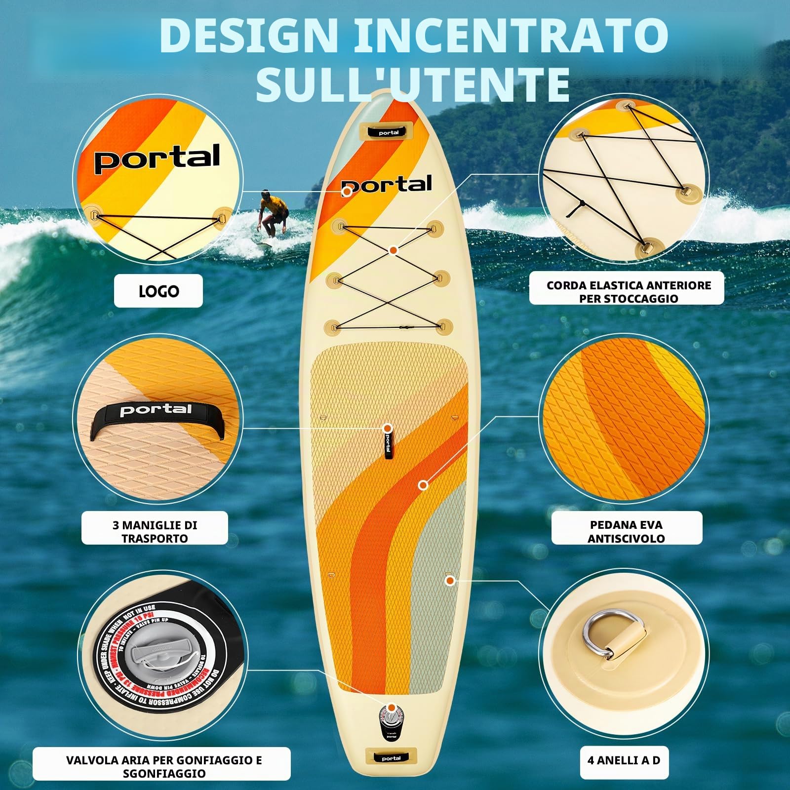 Portal Tavola da stand up paddle, 10'6x33 x6 tavole gonfiabili con accessori SUP tra cui borsa per il trasporto, pompa a mano, pagaia, guinzaglio, pinna, kit di riparazione, custodia impermeabile per