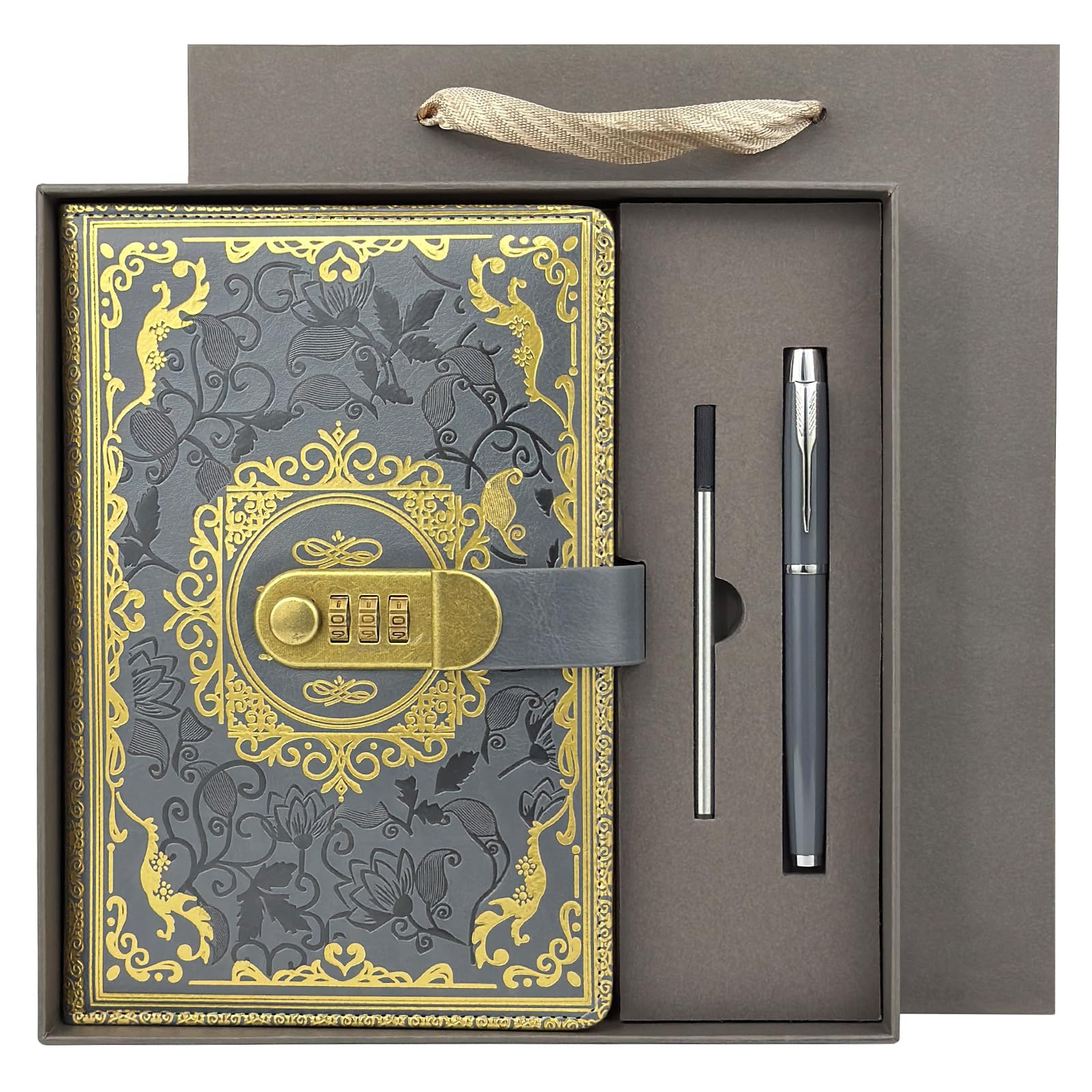 Neehows Lock Journal Diary Password Book, A5 5.9"x8.5" 200 Pages PU Leather Locked Notebook Password Diary Address Book with Pen, Index Tabs for Men and Women - Grey